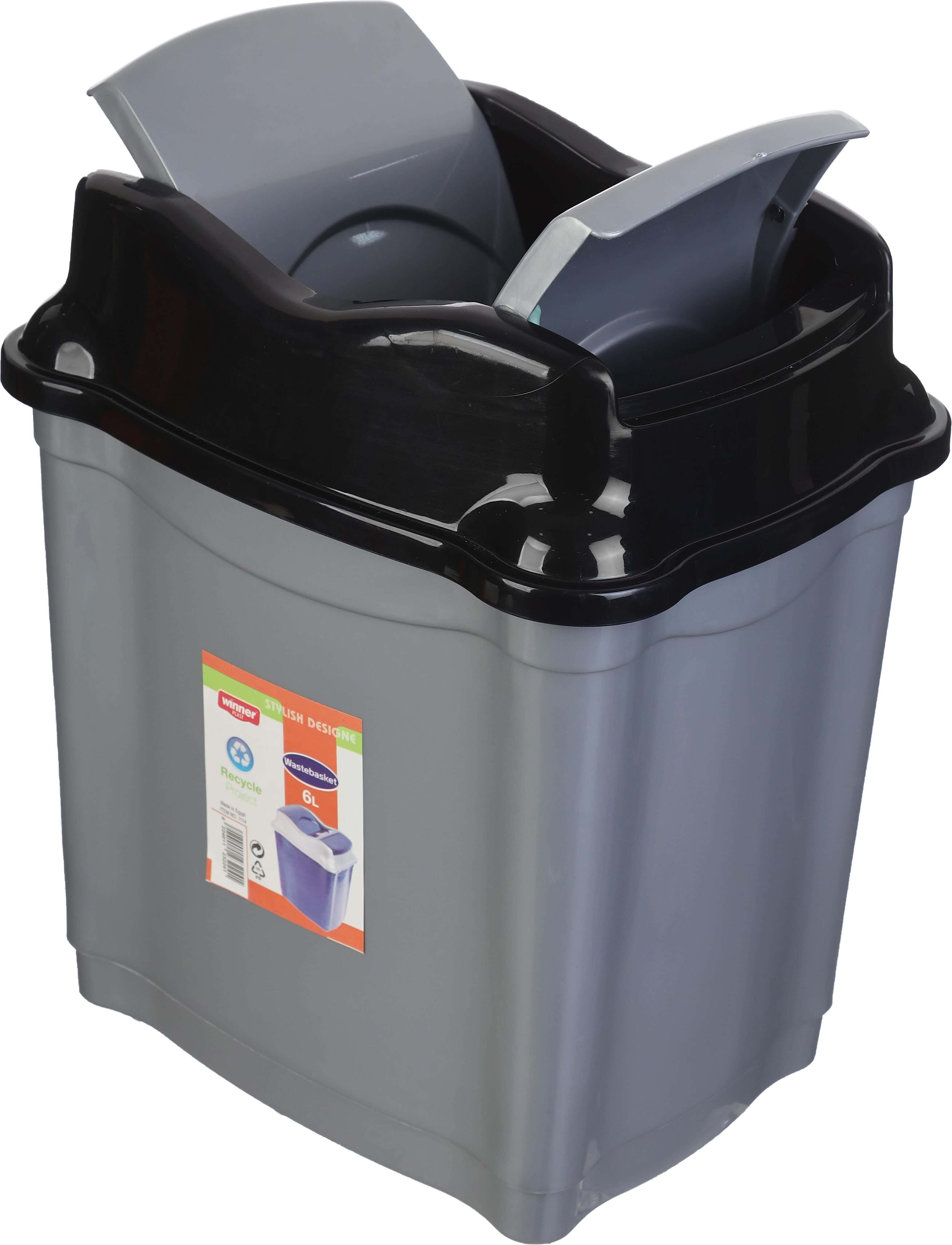Winner Plast Plastic Rectangular Trash Bin With Cover, 6 Liter - Grey