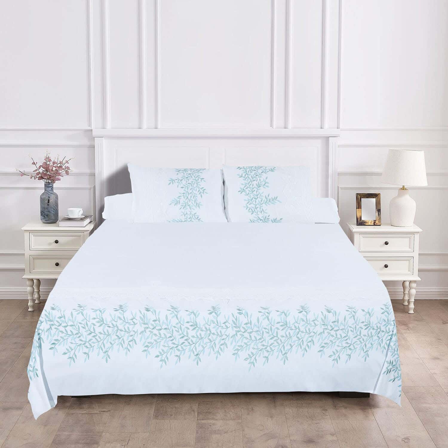 White Gold Cotton Bika  Comforter and Bed Sheet Set, 5 Pieces, 240×240 cm, 4100 gm - Turquoise
