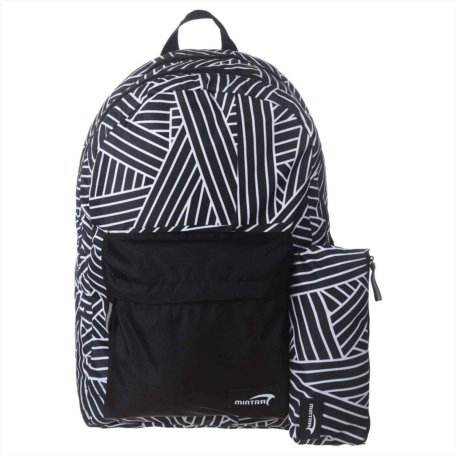 Mintra Fabric School Bag with Pencil case, 43×29×15 cm, 3 Zippers - Black White