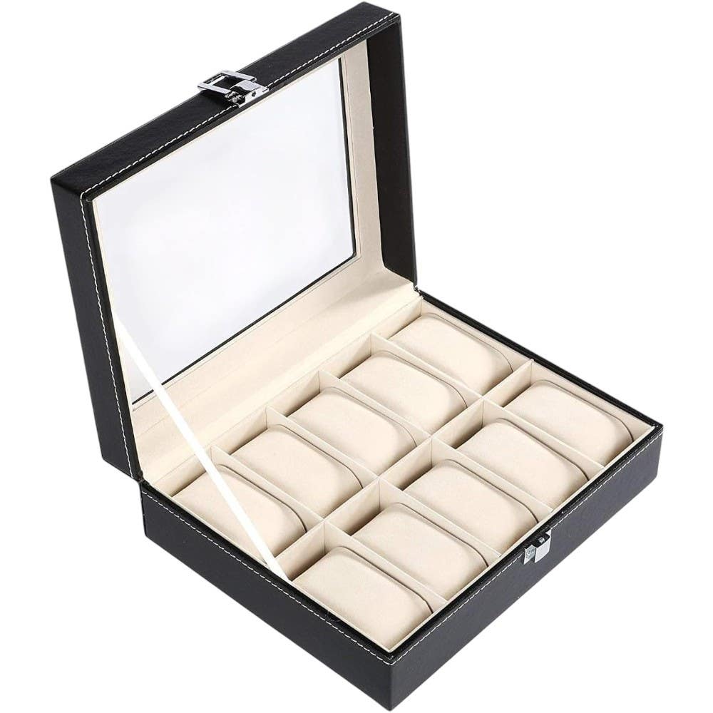 10 Compartments Leather Watches Organizer Box , 35 × 20 Cm - Black
