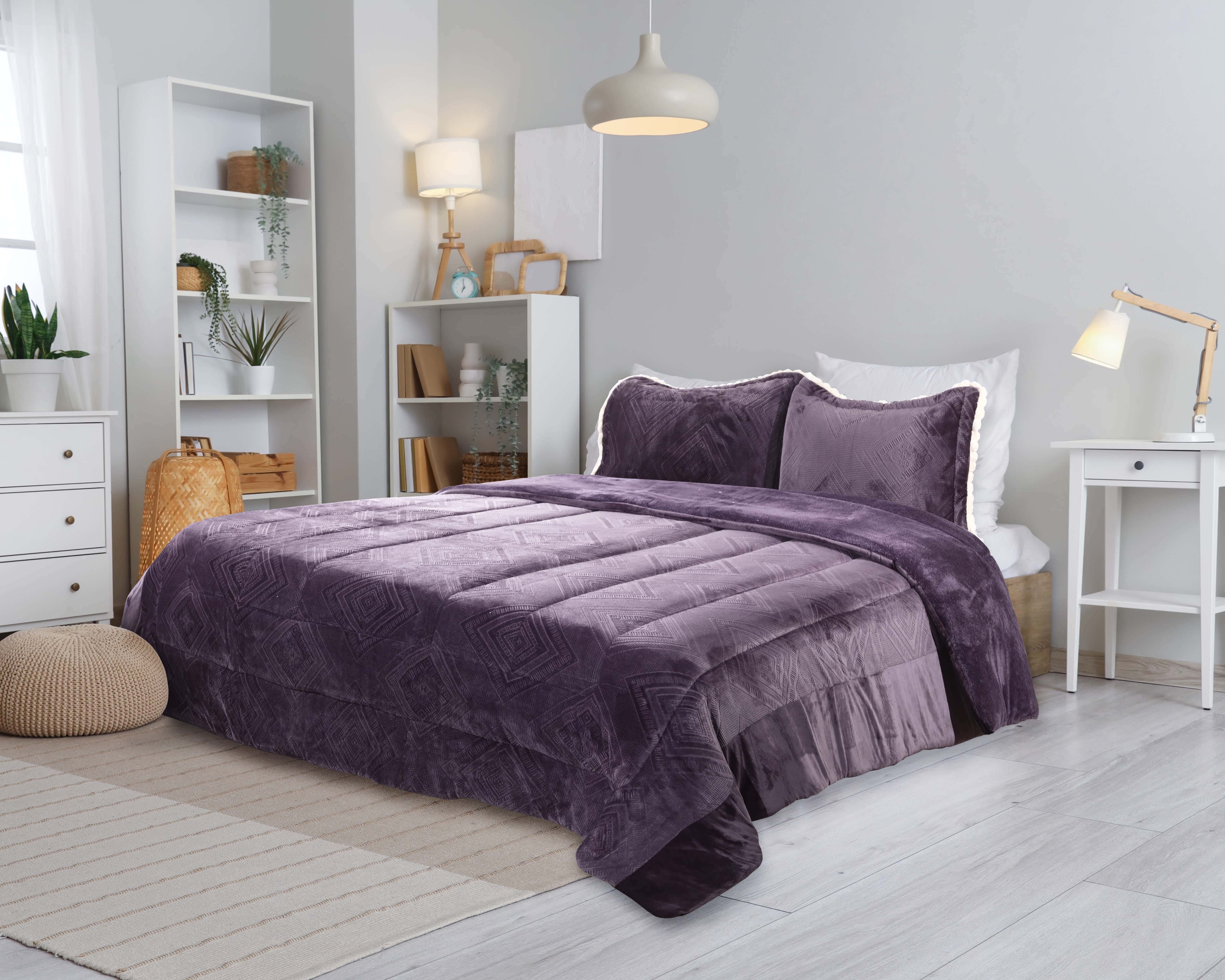 Tag Velvet Quilt Set with Fur Back, 3 Pieces, 240x260cm, 6600 g - Purple