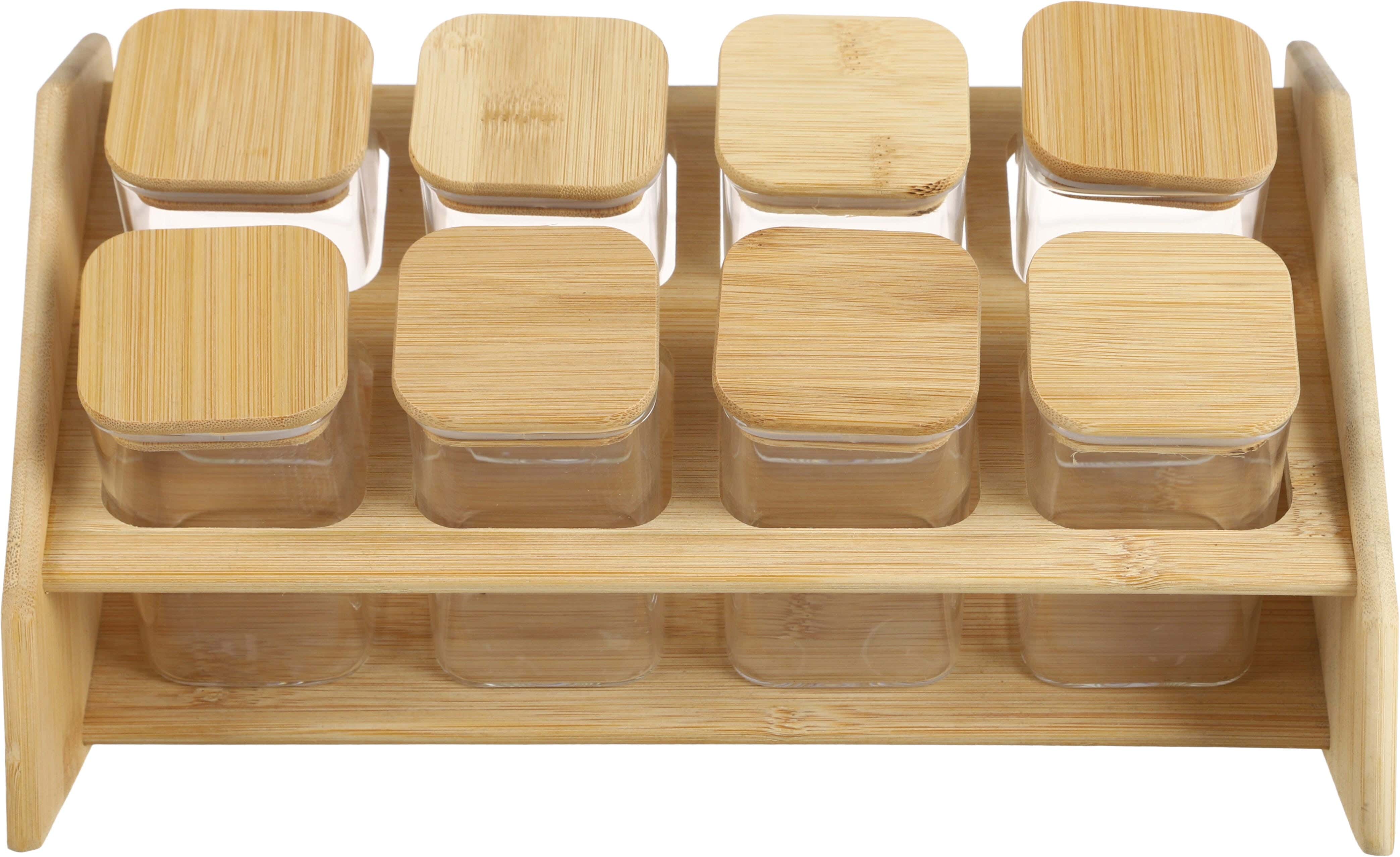 Glass Spice Set with Wood Lid, 8 Pieces, with Wood Stand - Clear Wooden