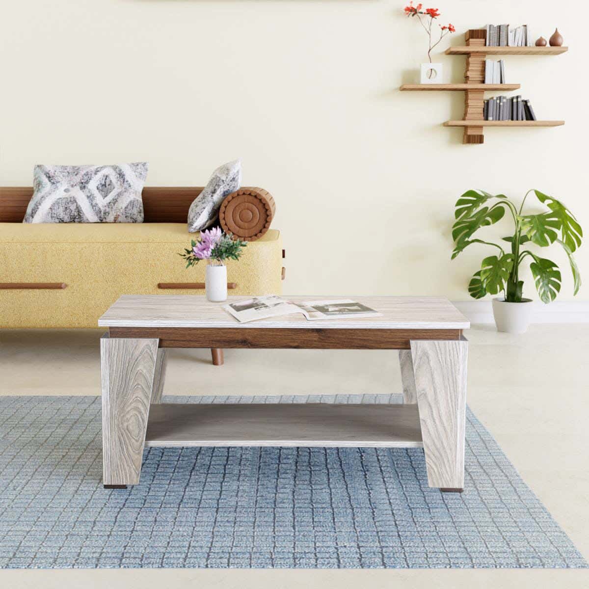 MDF Wood Rectangular Center Table, Bottom Shelf, 80X50X40 Cm - Beige