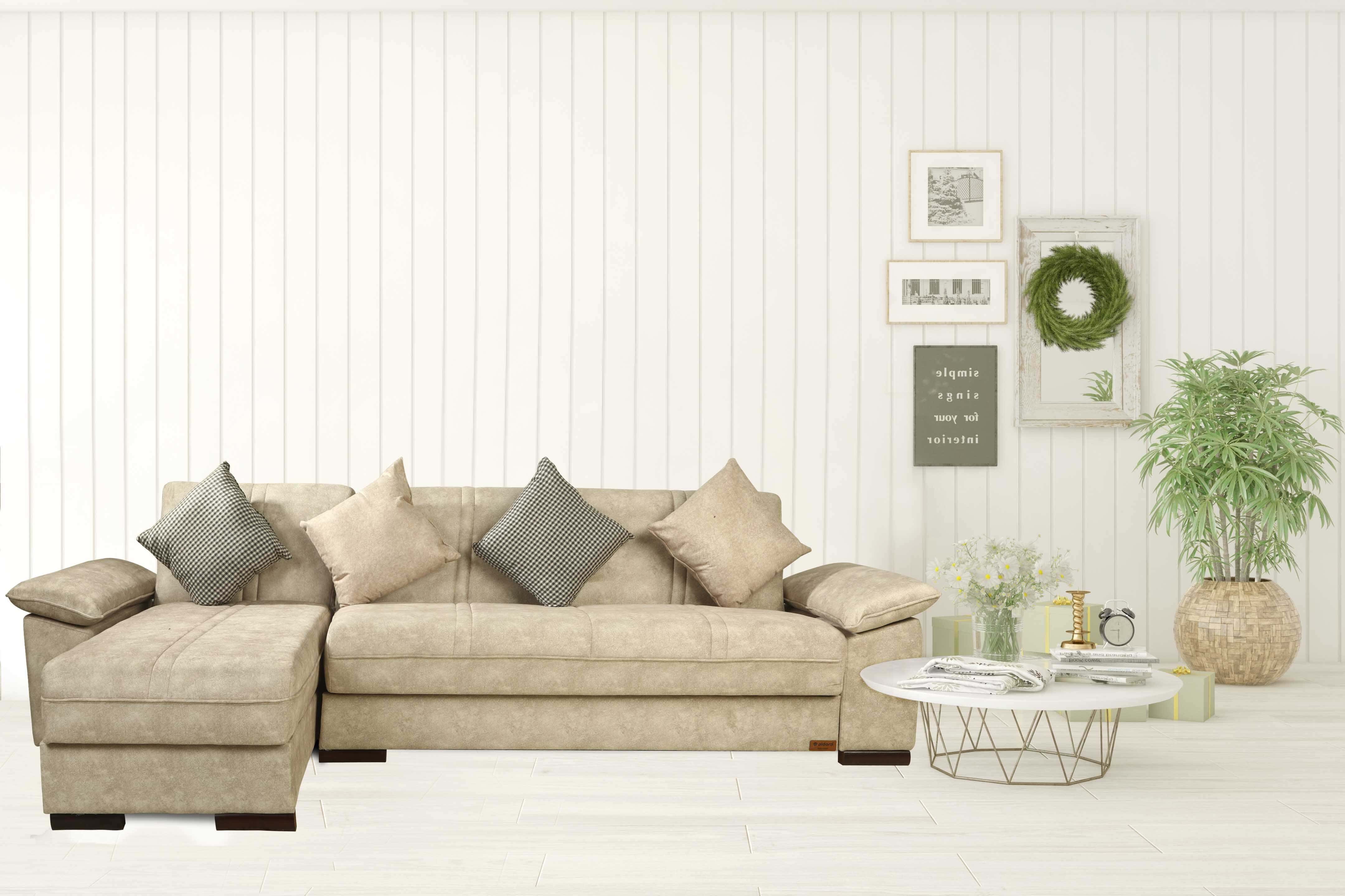 Miami Aldora L-Shaped Sofa Natural Wood, Upturned leather Fabric, 2 Seats, Chaise Longue, 2 Pieces, 4 Pillows, 277X73X76 Cm - Beige
