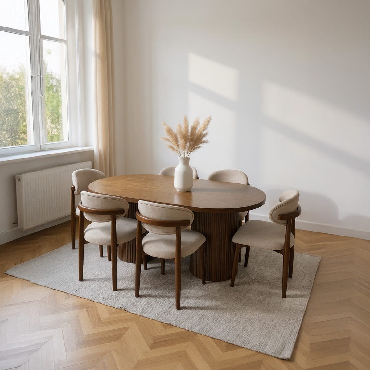 Beech Wood And Linen Dining Room Set, 7 Pieces, 6 Chairs, Dinning Table - Brown Beige