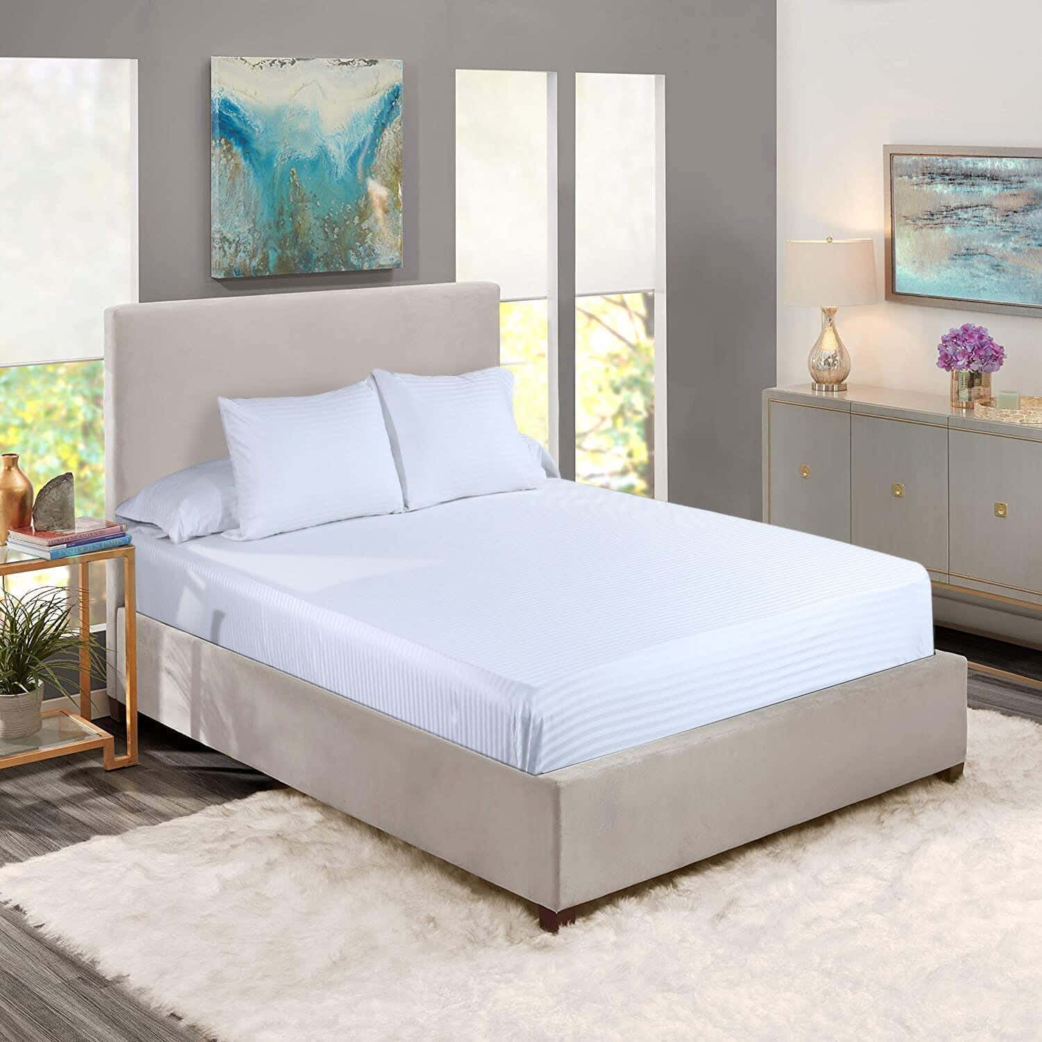 Lotus Striped Cotton Bed Sheet Set, 4 Pieces - White
