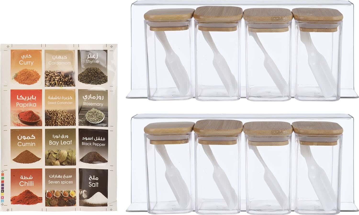 Acrylic Spice Jar Set, Wood Lid, 8 Pieces, 250 ml, 2 Acrylic Stand, 8 Plastic Spoon Gift - Clear Wooden