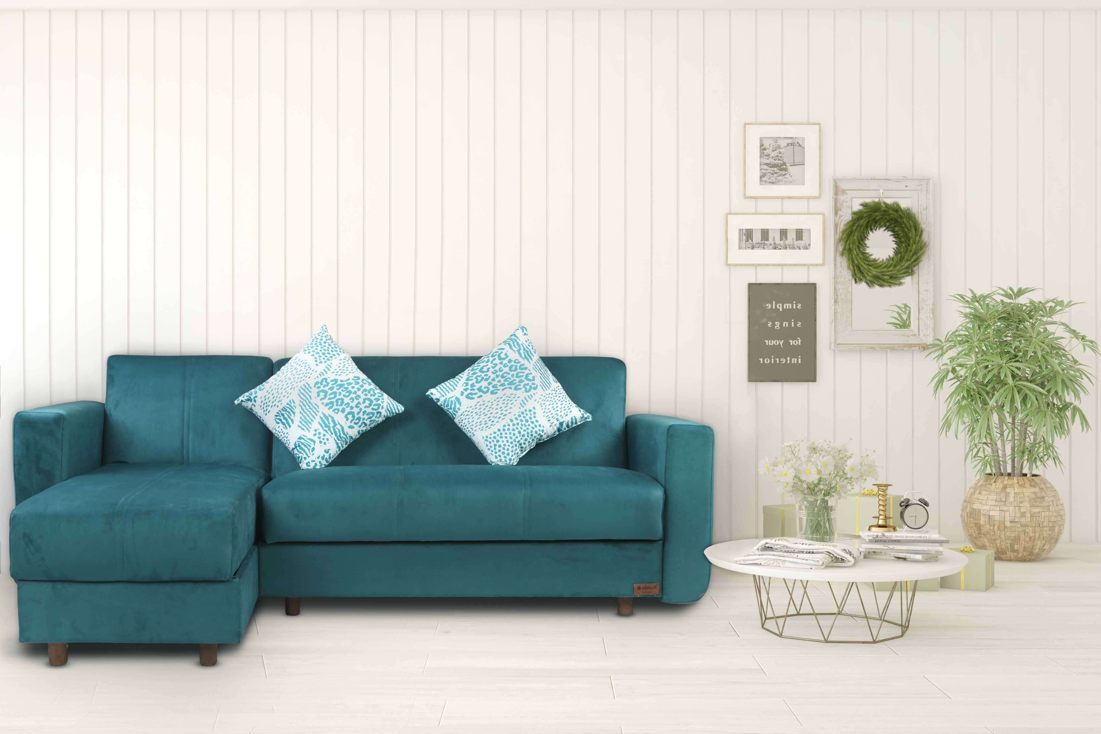 Aldora Sono Multi-Use Velvet Fabric And Wood L-Shaped Corner Sofa Bed, Sofa 2 Seats, Chaise Longue, 2 Cushion - Turquoise