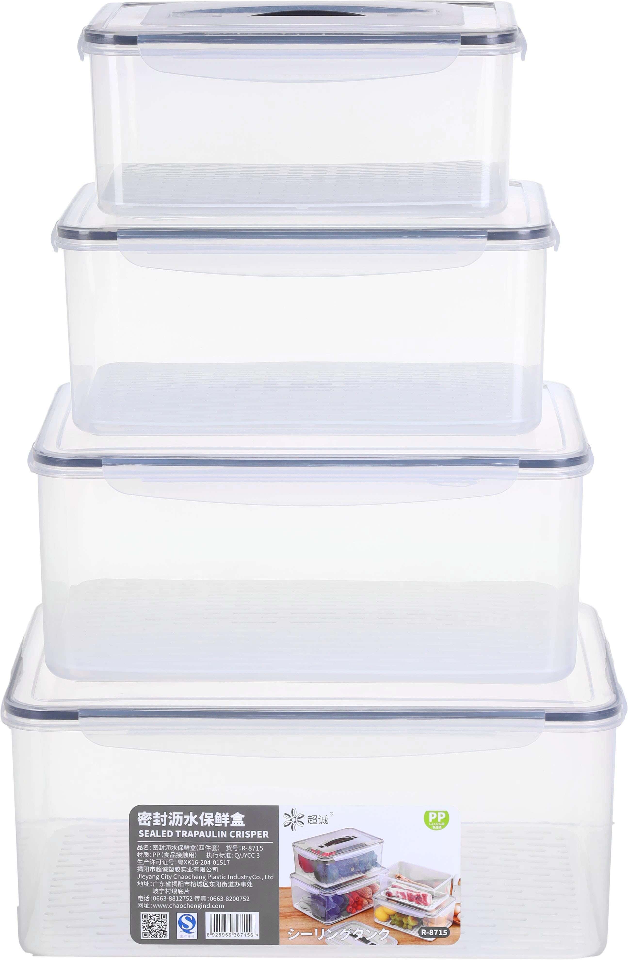Plastic Refrigerator box Set, Clip Lid, 4 Pieces - Clear Grey