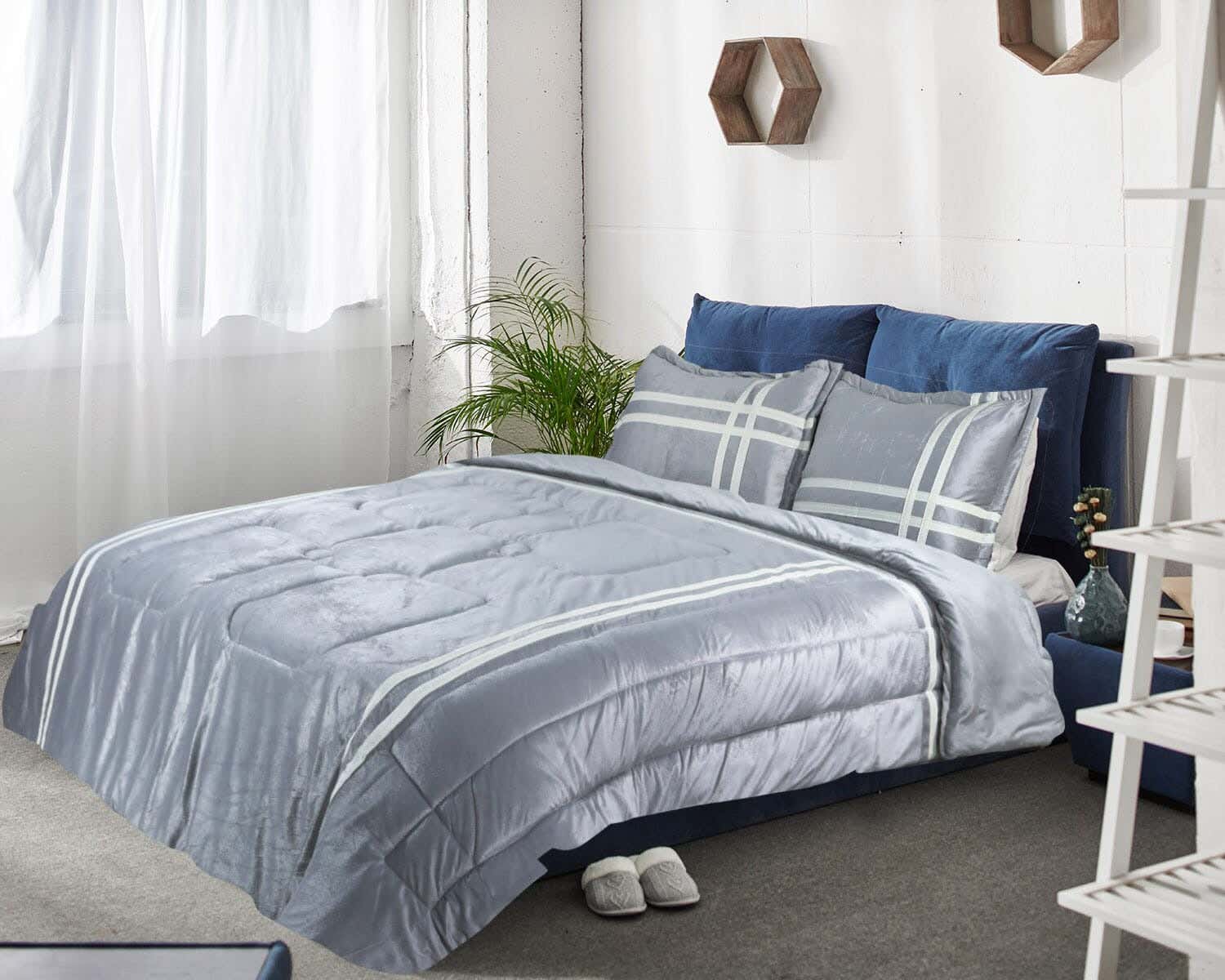 Tag Velvet Quilt Set, 3 Pieces, 260X240 cm, Approx 5400 Grams - Grey