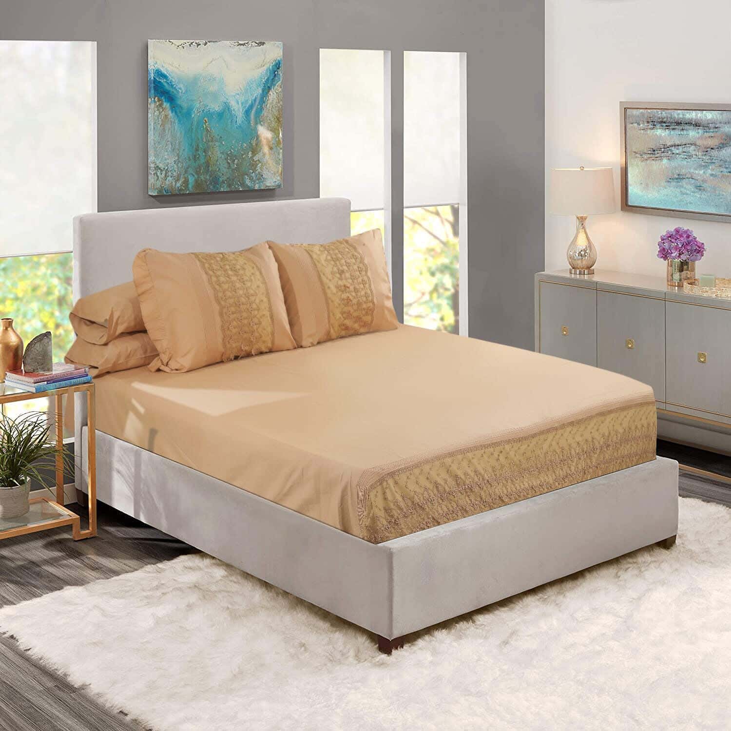 Cotton Bed Sheet set, 5 pieces, approximately 3000 grm - Dark Beige