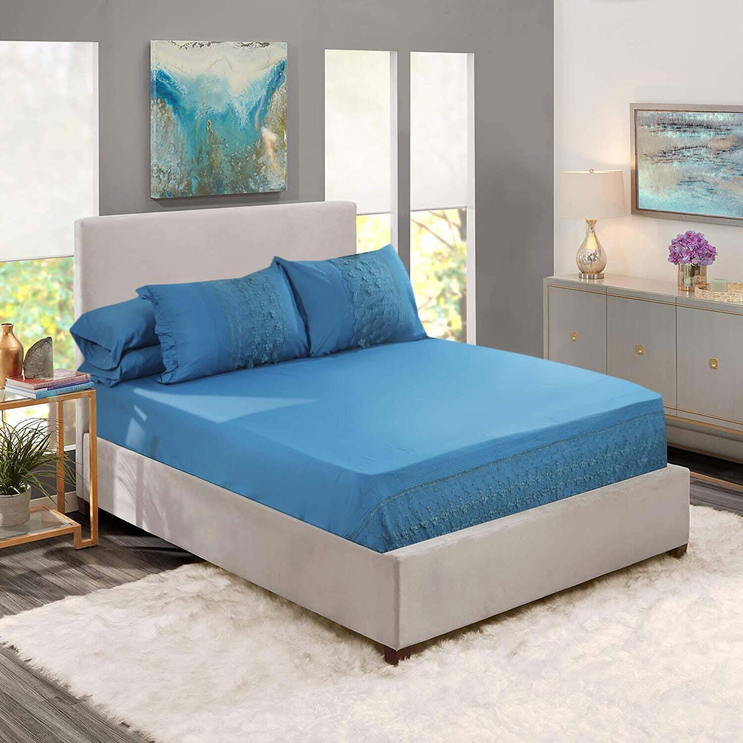 Cotton Bed Sheet set, 5 pieces, approximately 3000 grm - Blue