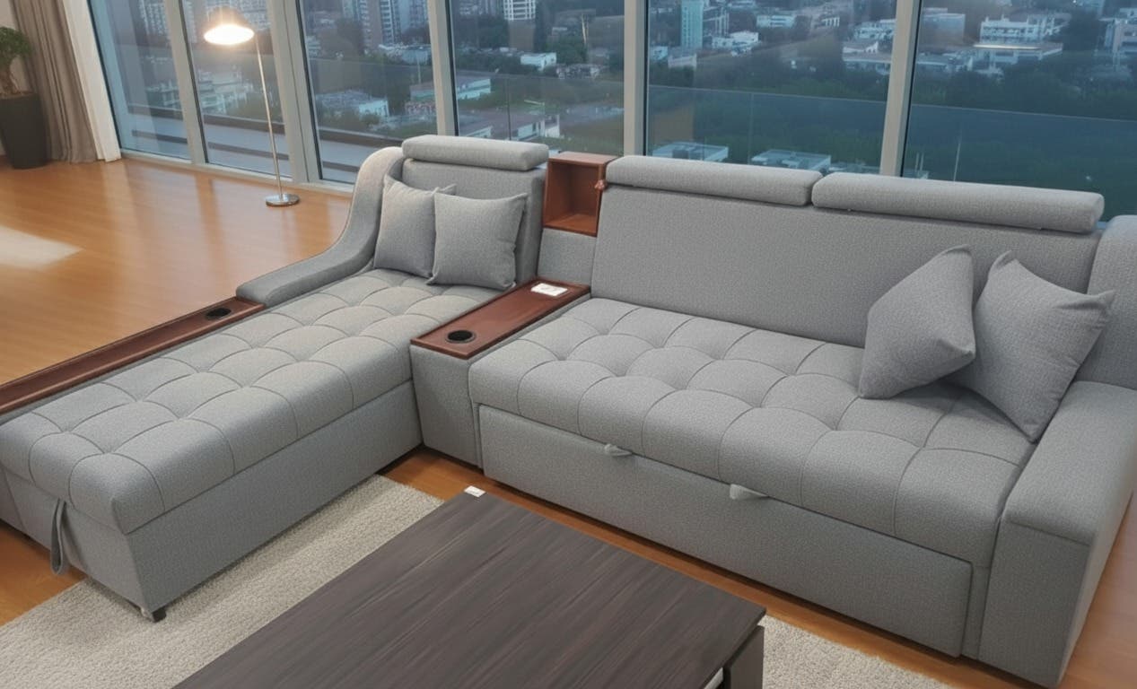 Muskey Wood Flying Sofa Bed,  Tweet Linen Fabric, 2 Pieces, 135x85x185 cm, with Storage & Cup Holder, USB, 4 Cushions - Grey