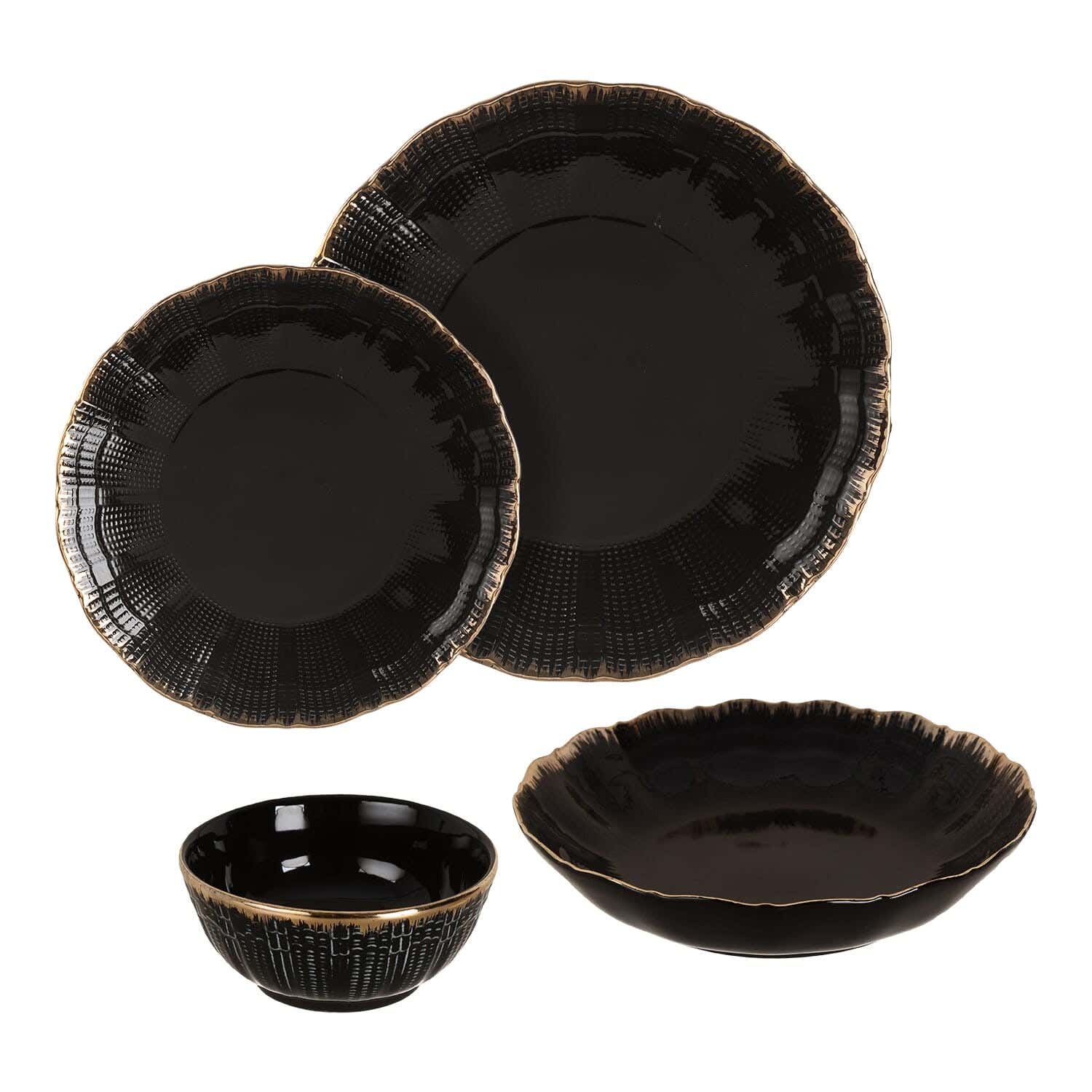 Lotus Porcelain Dinner Set, 24 Pieces - Black Gold