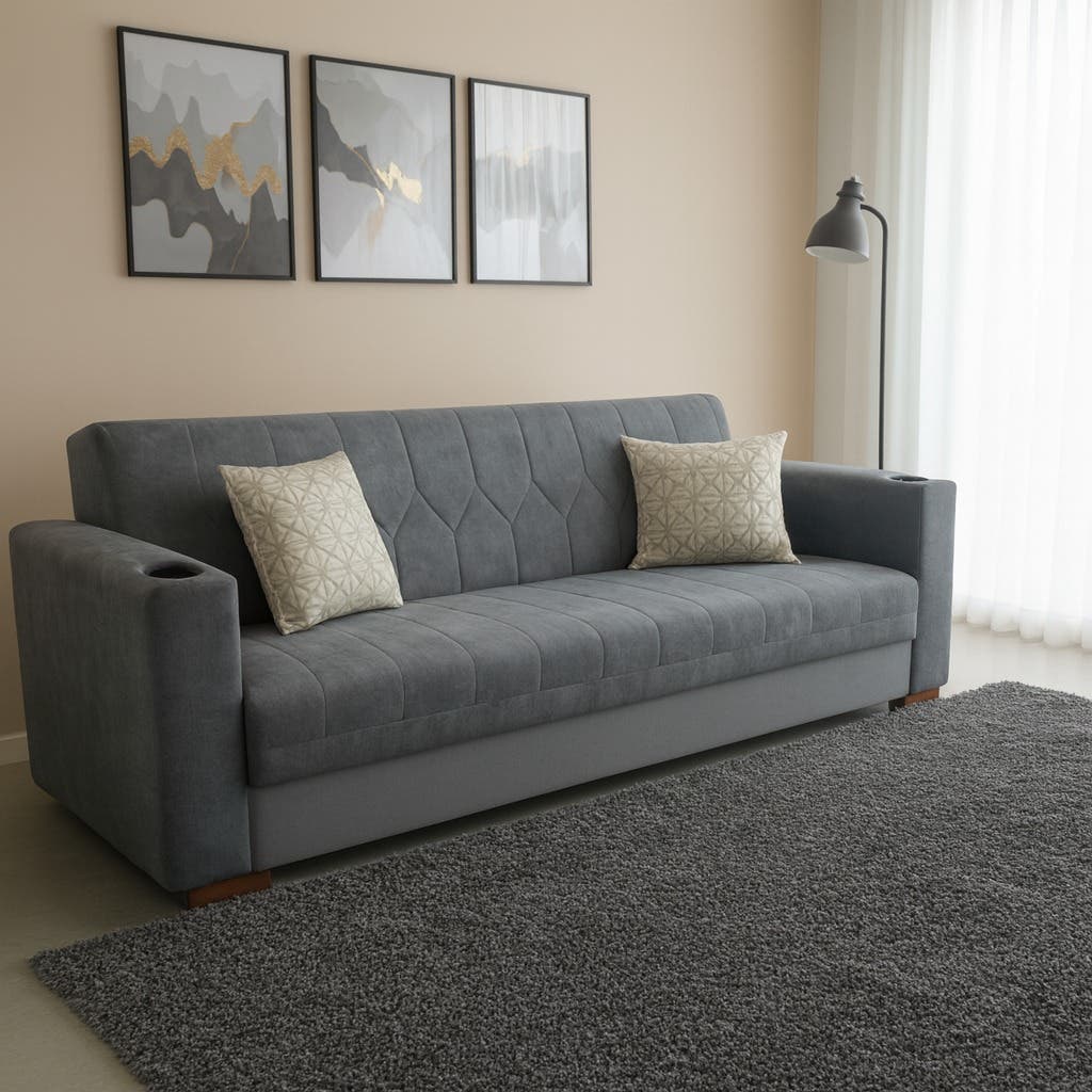 Masa Sofa, Metal & Wood, Velvet Fabric, 215x80x85 cm, 3-Level Sofa, Bed,  Storage, 2 Cup Holders, 2 Cushions - Grey