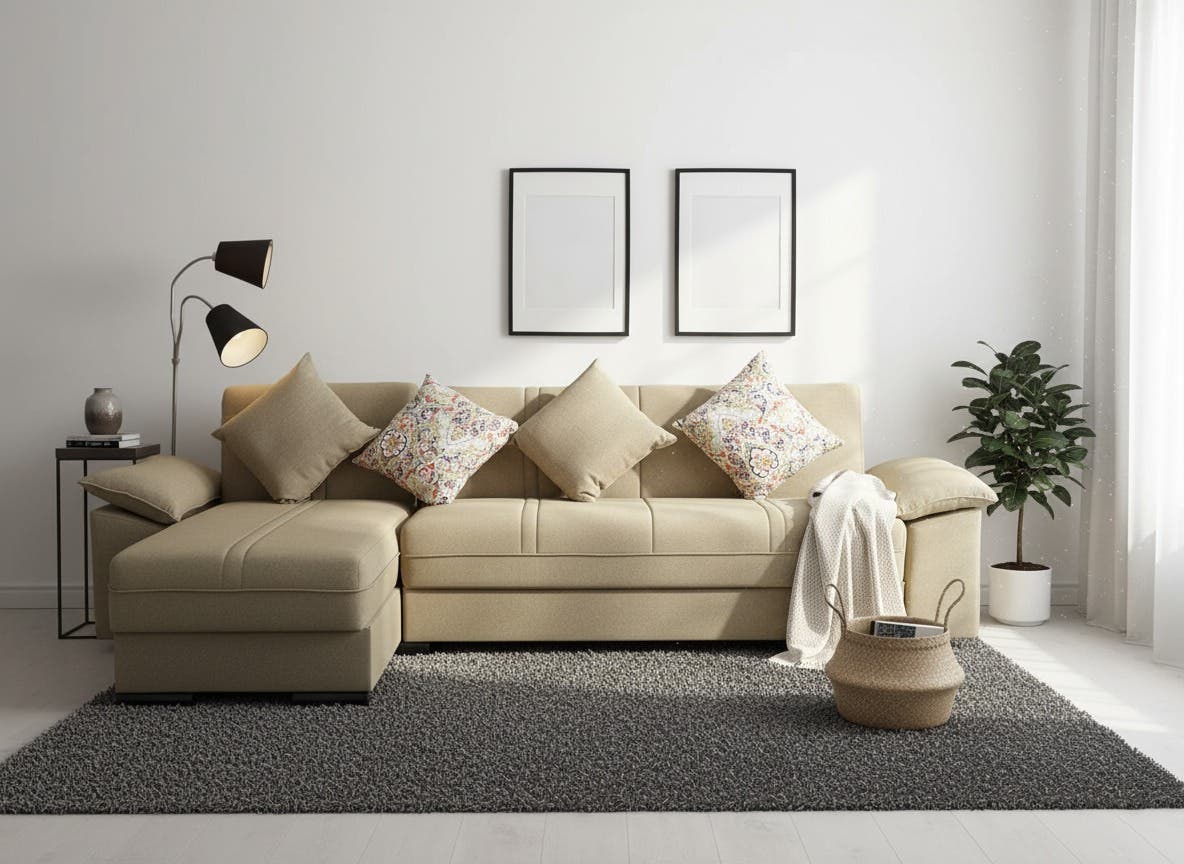 Paris Foam Corner Sofa, Metal & Wood, 2 Pieces, Super Soft Foam, 3 Levels Sofa, Bed, Storage, 4 Cushions - Beige