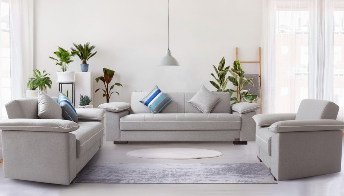 Paris Living Room Set, Metal & Wood, 3 Pieces, Imported Fabric, 3-Level Sofa, Bed, Storage, 4 Cushions - Light Gray