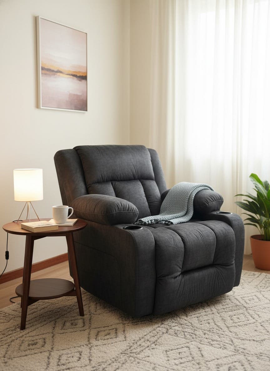 Lazy Boy Relax Chair, Beech Wood, Imported Fabric, 2 Cup Holders, Manual Rocking, 360° Swivel, 110x90 cm, Height 105 cm - Dark Gray