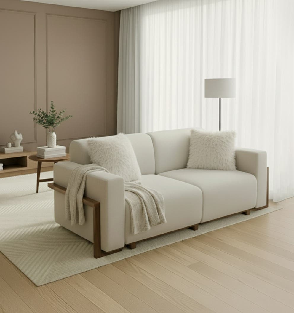 Jessie Modern Sofa, 2 Seater, Beech Wood, 32 Density Foam, 170 x 85 x 65 cm, 2 Faux Fur Cushions - coffee