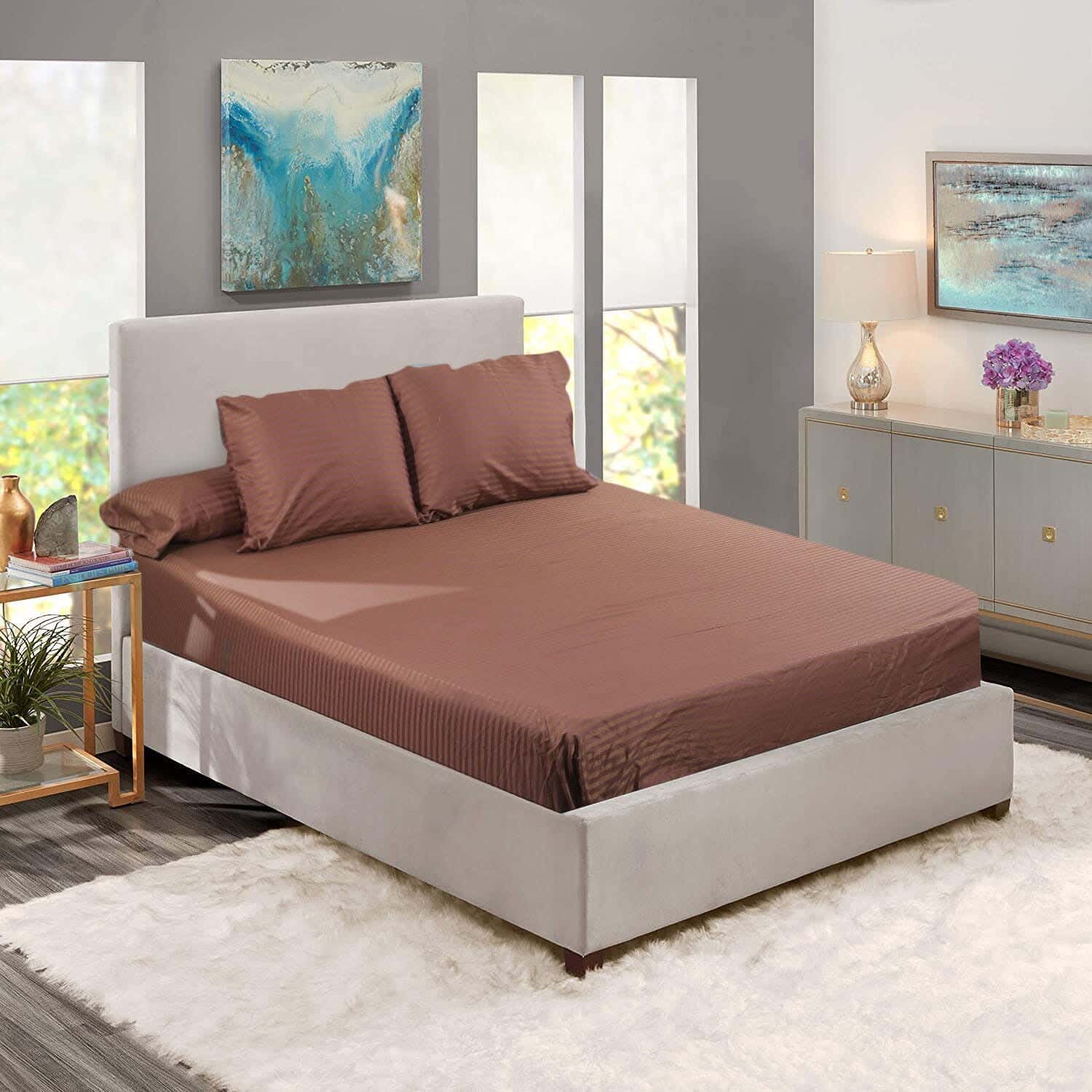Besan Lotus Striped Cotton Bedsheet Set, 4 Pieces - Dark Red