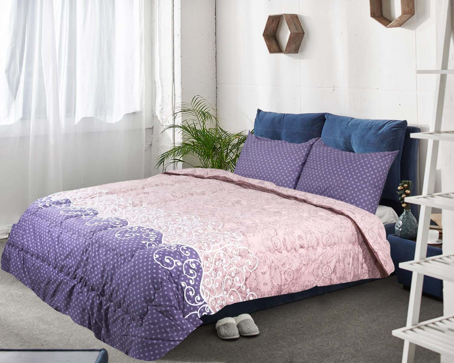 Forbed Cotton Double Quilt Set, 3 Pieces, 240×225 cm - Mauve