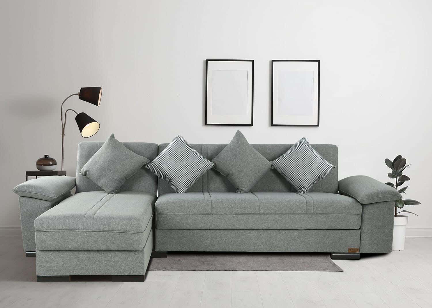 Aldora Miami L-Shaped Sofa Natural Wood, Linen Fabric, 2 Seats, Chaise Longue, 2 Pieces, 4 Pillows, 277X73X76 Cm - Grey