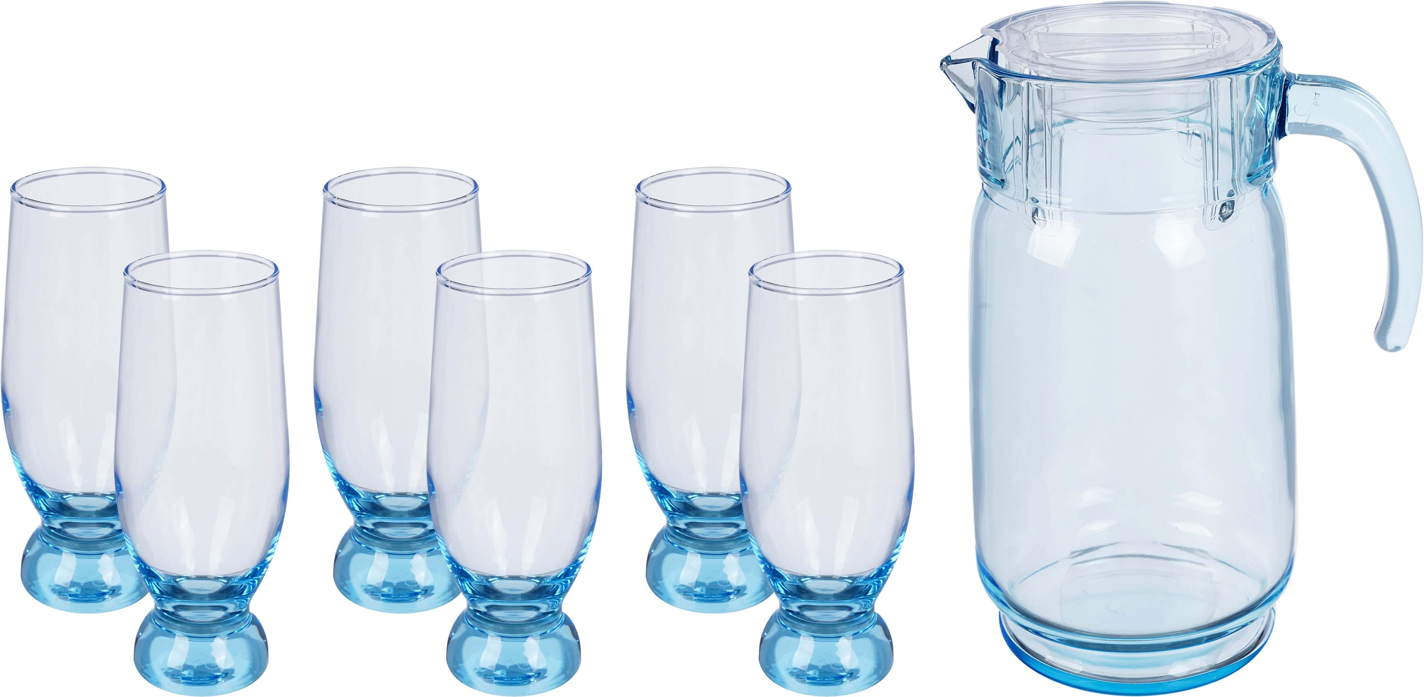 Pasabahce Glass Cups with Flask Set, 7 Pieces - Clear Blue