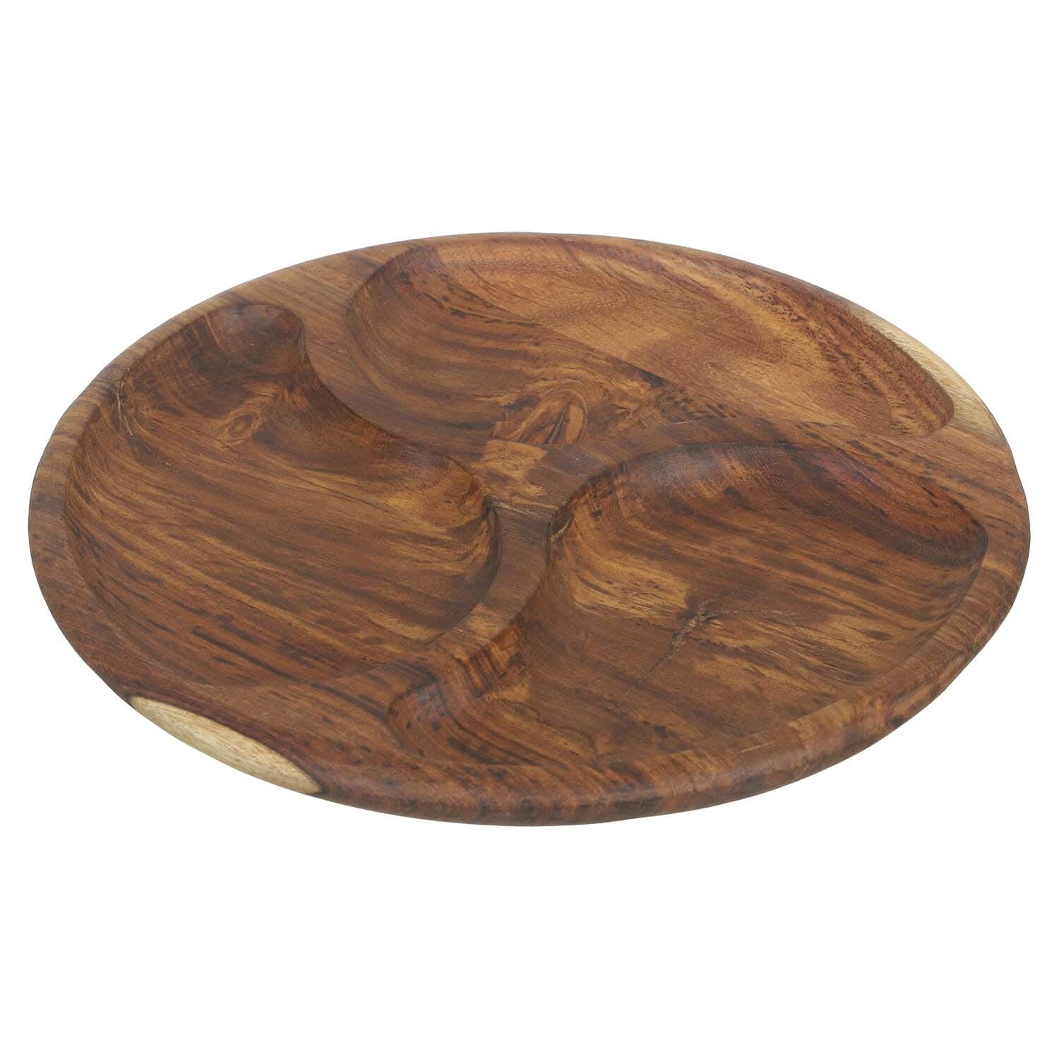 Elite Round Sarsooh Wood Dessert Plate, 3 Eyes, 30 Cm - Brown