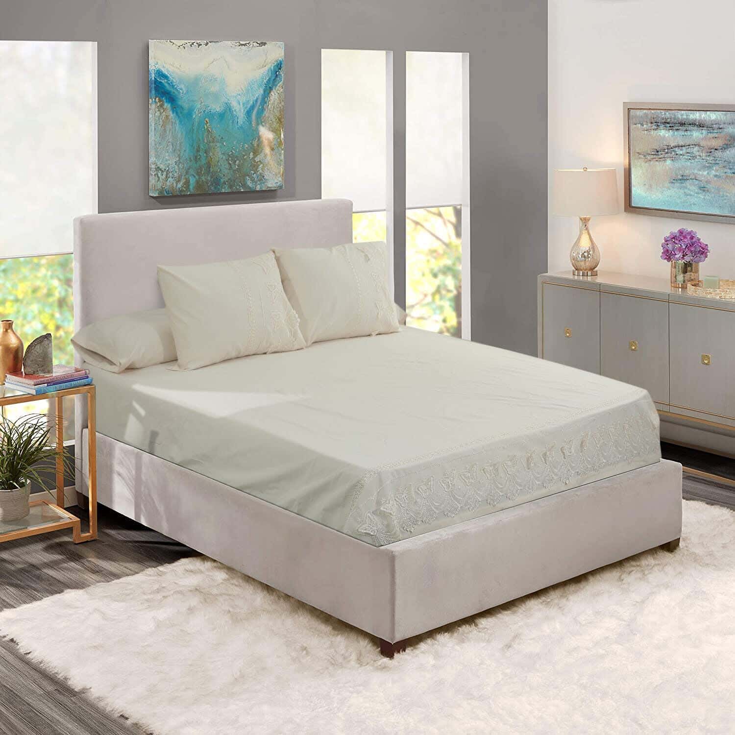 Olla Canar Joubert Embroidered Cotton Bed Sheet Set, 4 Pieces, 2700 grm - Beige