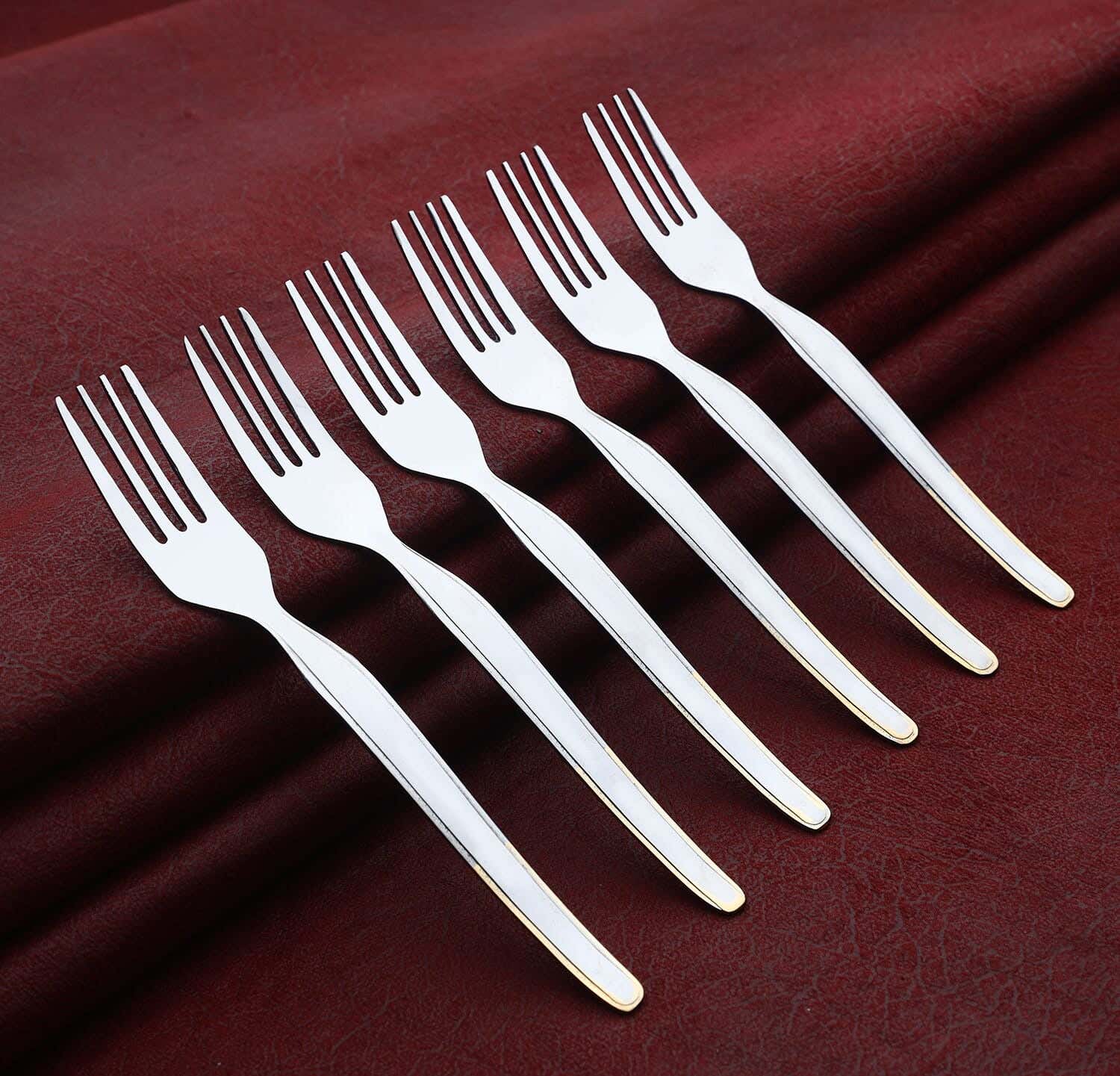 Top One Stainless Steel Cake Fork Set, 6 Pieces, 15 cm - Silver Gold