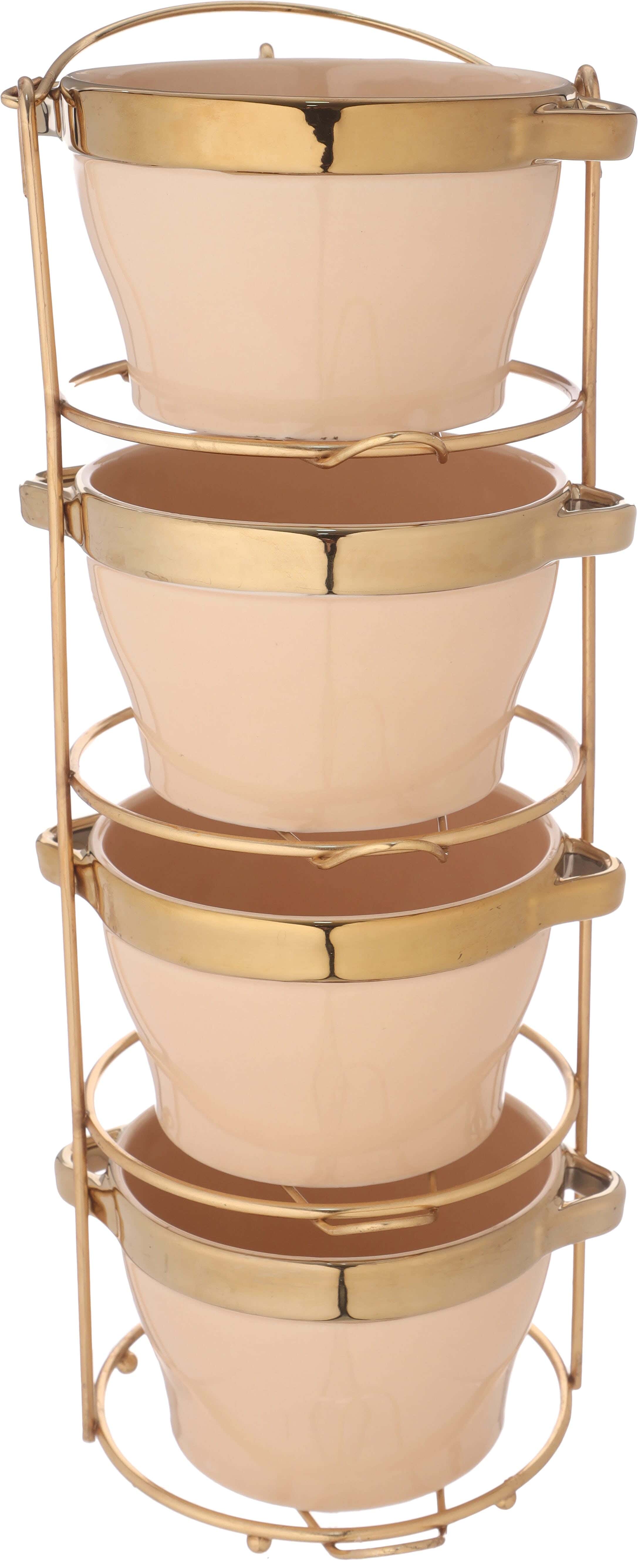 Lotus Porcelain Soup Bowl Set, 4 Pieces, 500 ml, with Metal Stand - Light Cashmere Gold
