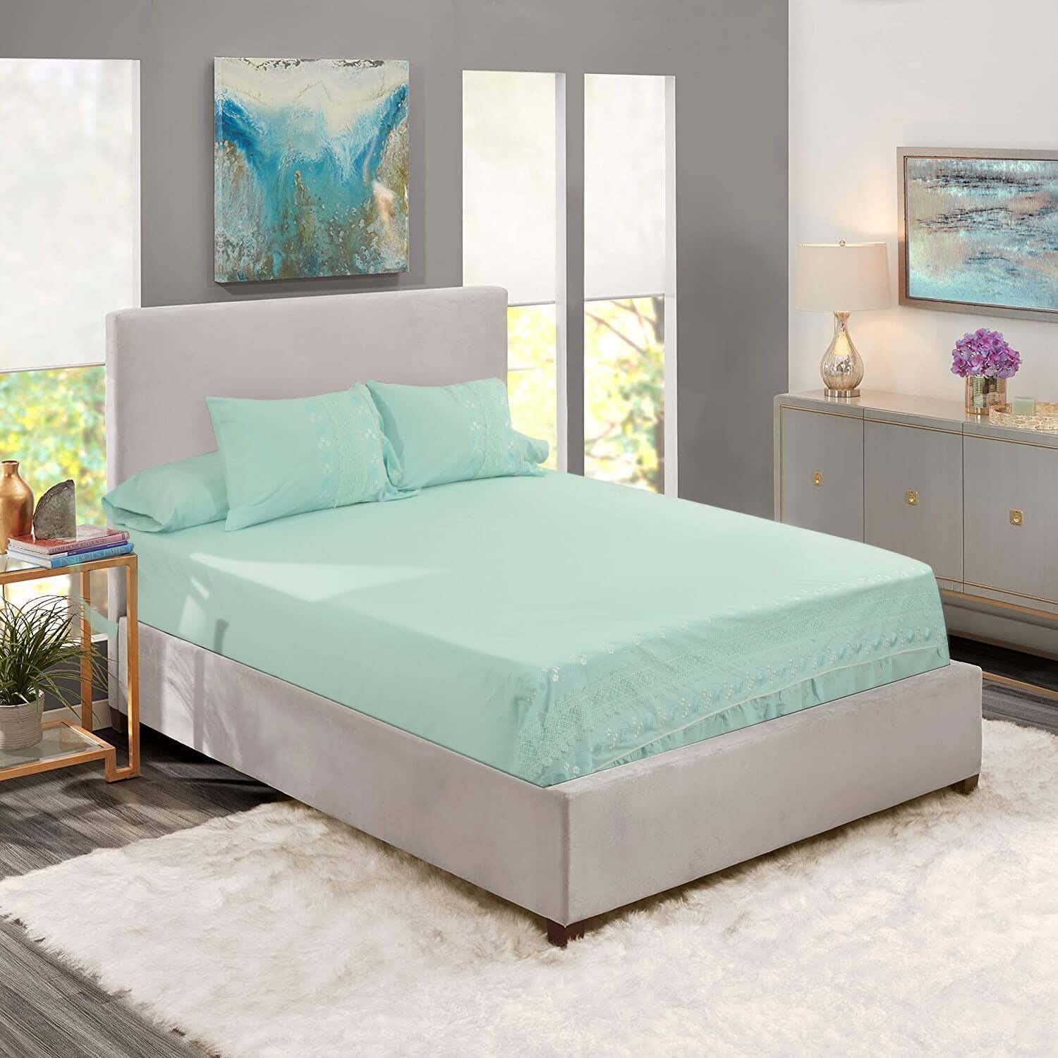 Elmasa Joubert Corniche Embroidered Cotton Bed Sheet Set, 4 Pieces, 3000 Grams - Turquoise