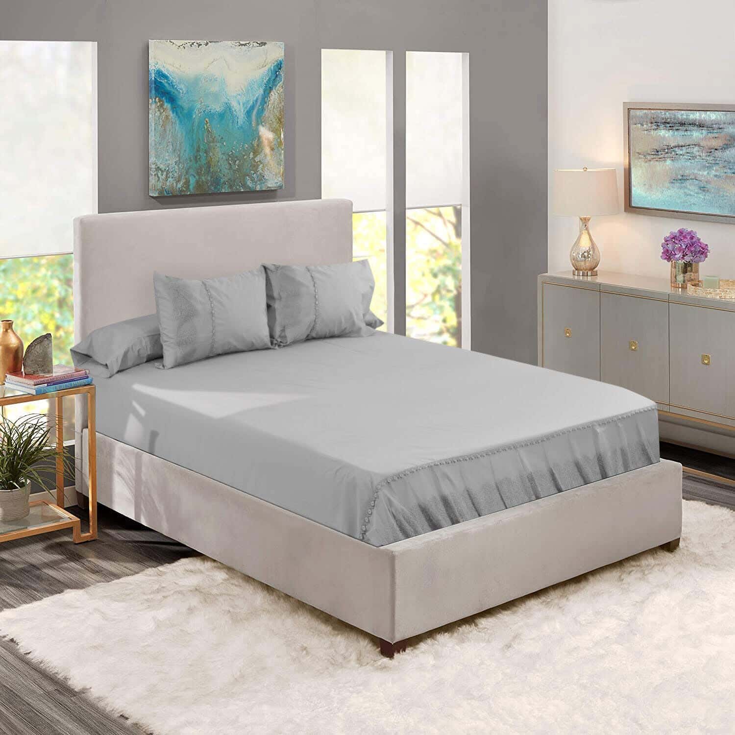 Besan Embroidered Percale Canar Tull Cotton Bed Sheet Set, 4 Pieces, 2800 Grams - Grey