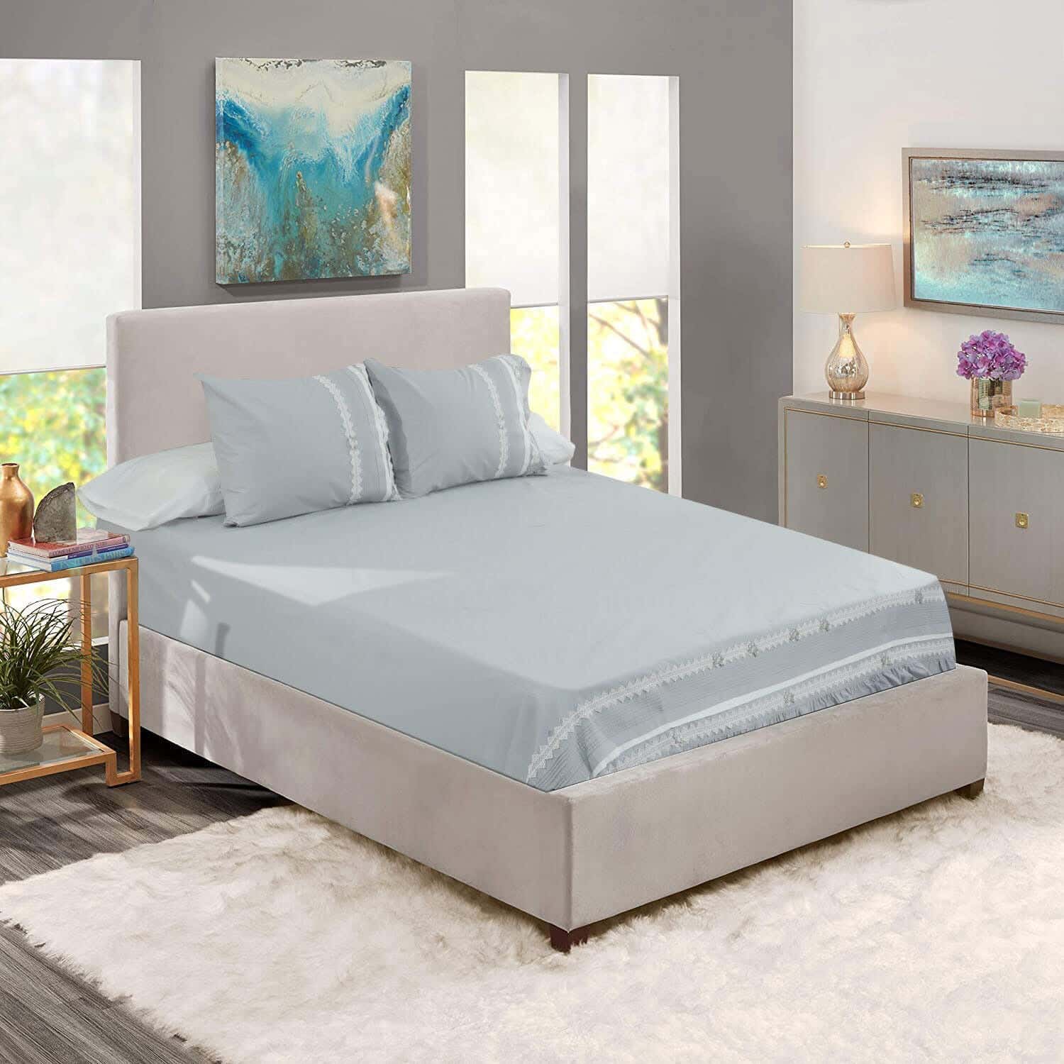 Harir Canar Embroidered Cotton Bed Sheet Set, 4 Pieces, 2800 Grams - Grey White