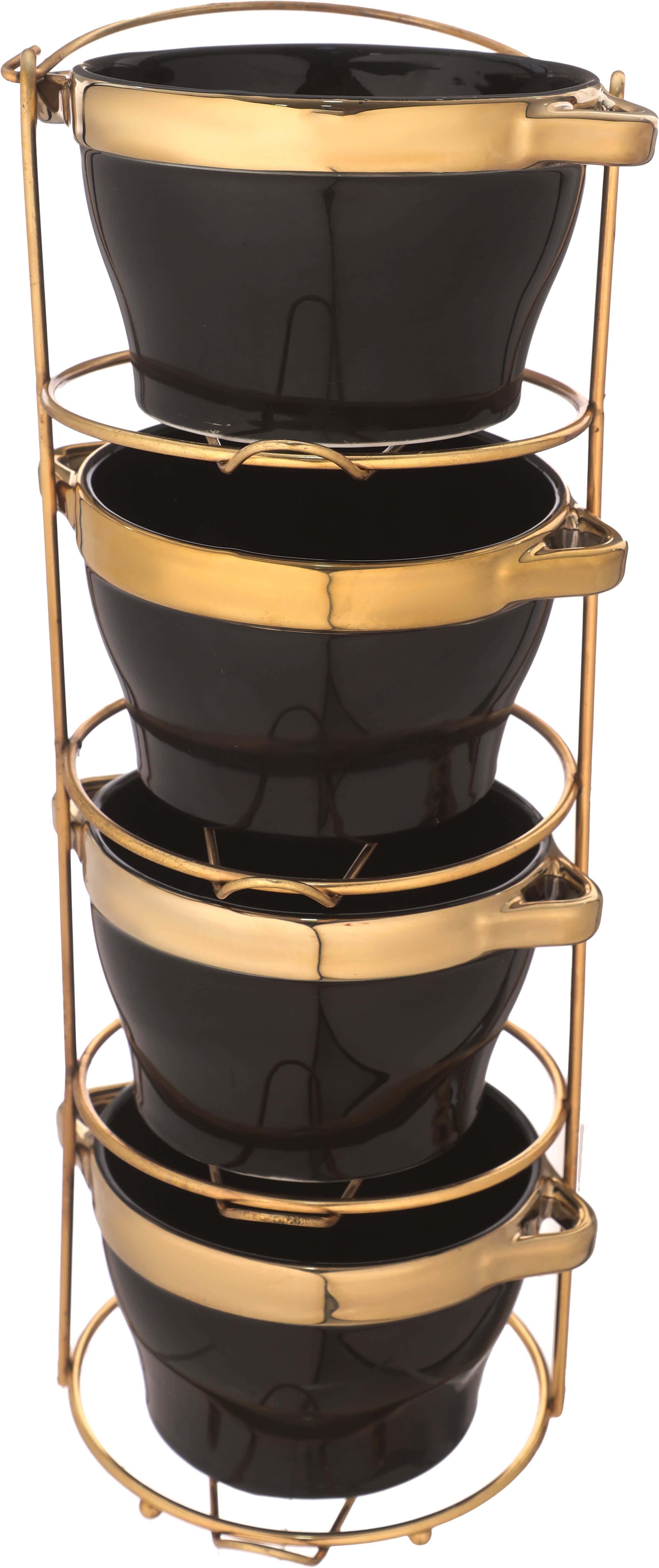 Lotus Porcelain Soup Bowl Set, 4 Pieces, 500 ml, with Metal Stand - Black Gold