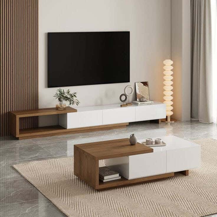 MDF Wood Center Table And Tv Set, 200x35x38 cm - White Brown