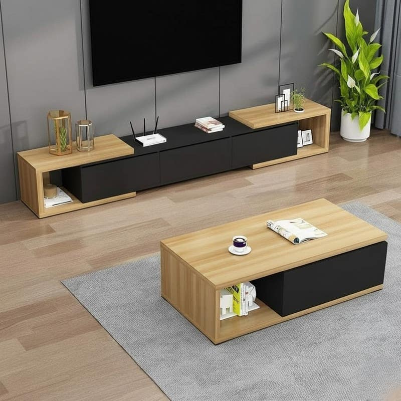 TV table set with center table, MDF wood - beige black