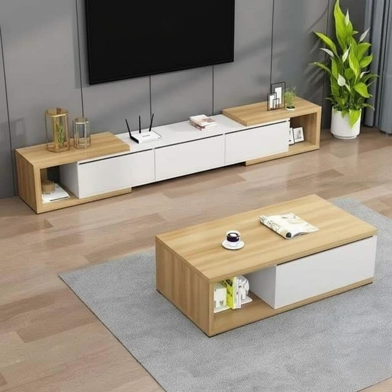 TV table set with center table, MDF wood - beige white