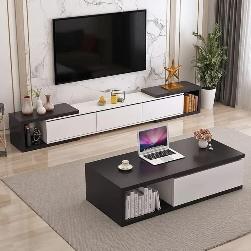 TV table set with center table, MDF wood - brown and white
