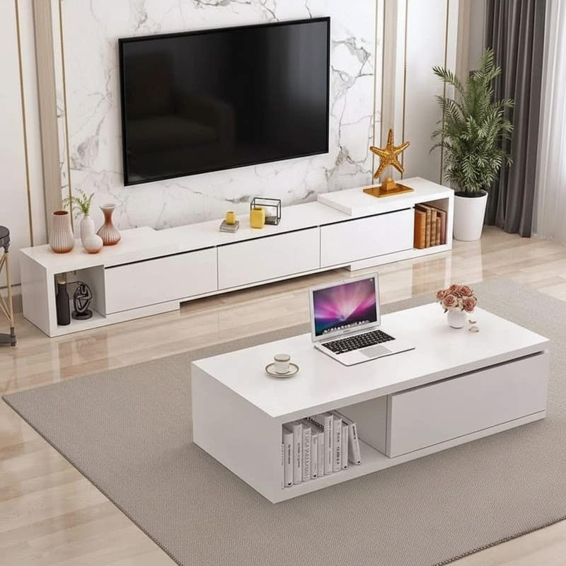 TV table set with center table, MDF wood - white