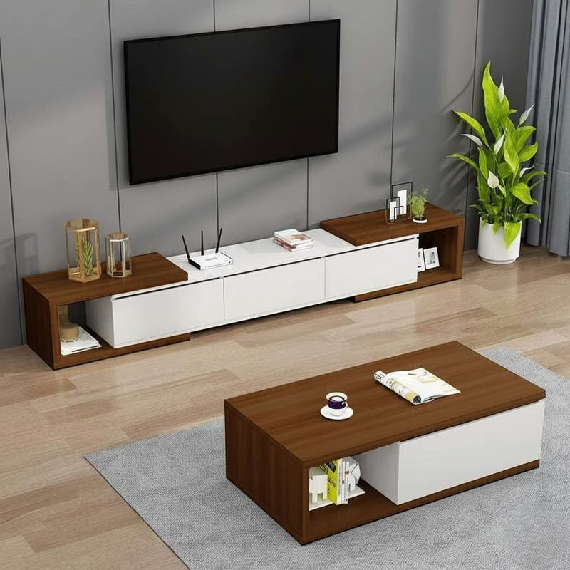 TV table set with center table, MDF wood - white brown