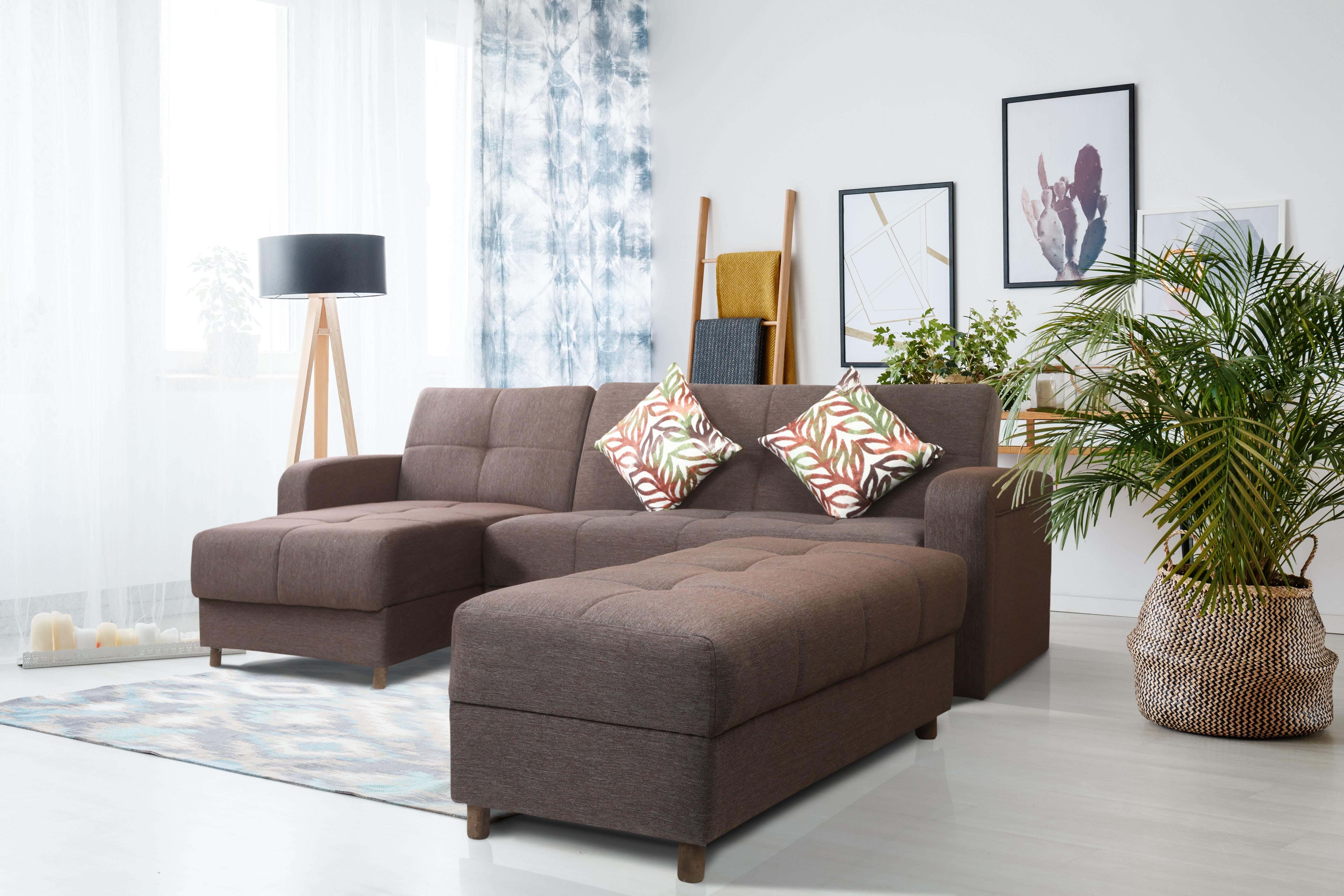 Aldora Rahway Multi-Use Linen Fabric And Wood L-Shaped Corner Sofa Bed, Sofa 2 Seats, Chaise Longue, Puff, 2 Cushion - Brown