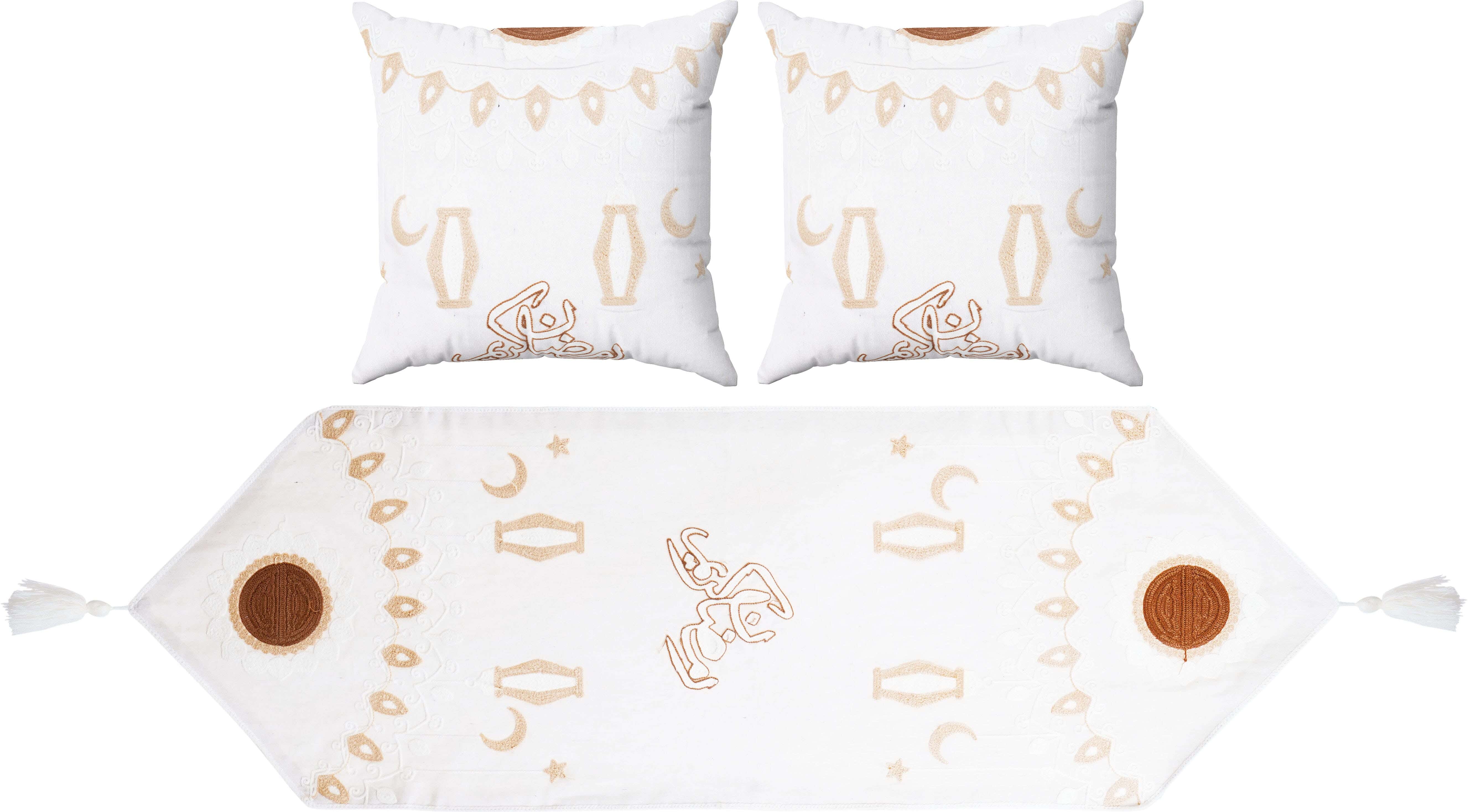Linen Ramadan Shaped Embroidered Tablecloth Set, 3 Pieces, 375 gm Approx - White Brown