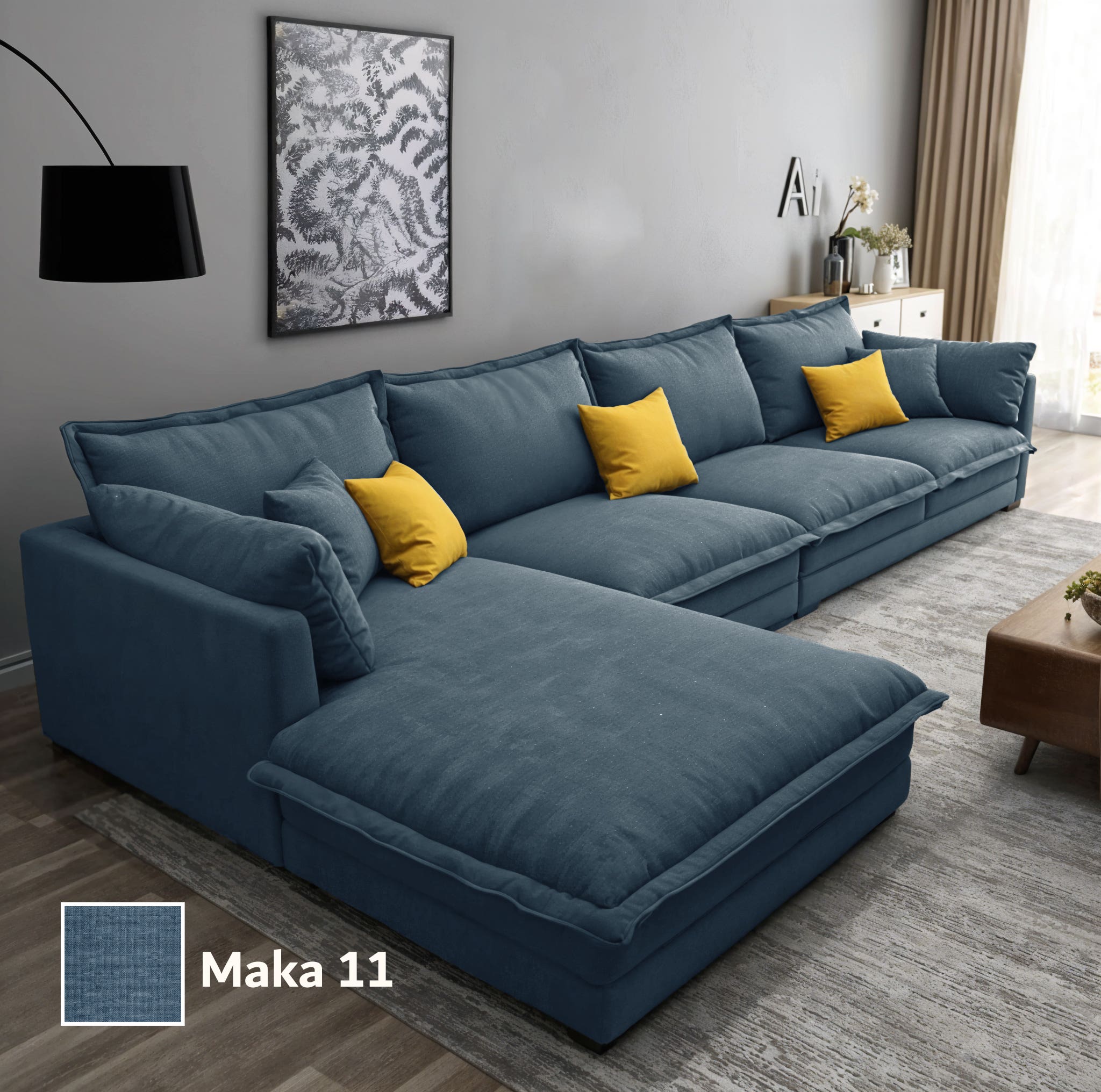 Two-piece L-shaped corner sofa, made of Mosky wood, and linen fabric, 300x200x80x70 cm - Navy
