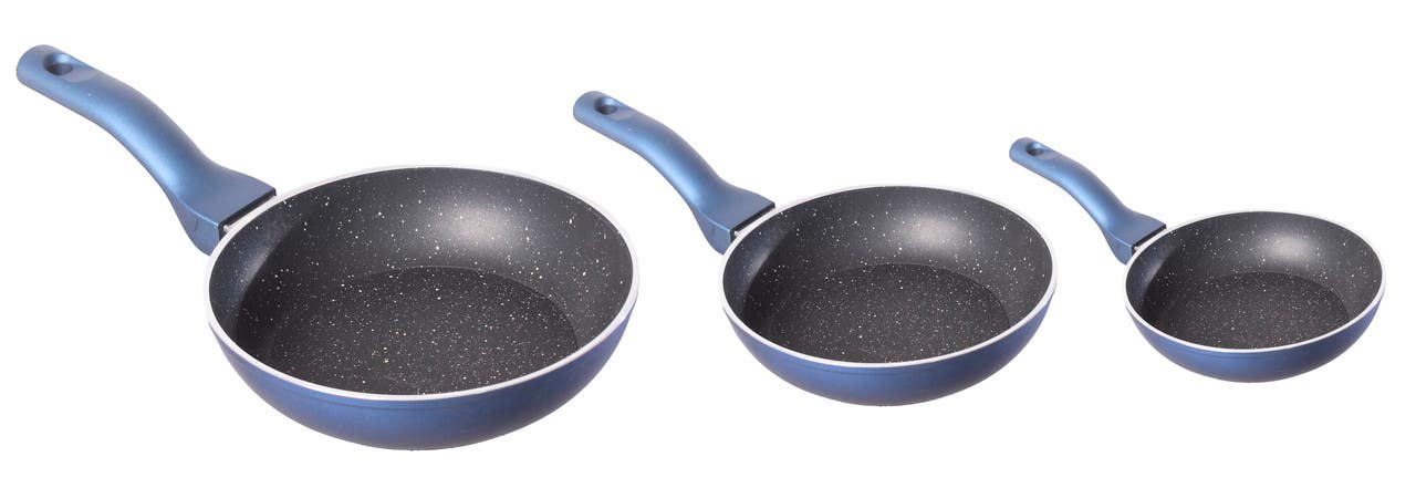 Granite Frying Pan Set, 3 Pieces - Blue Black