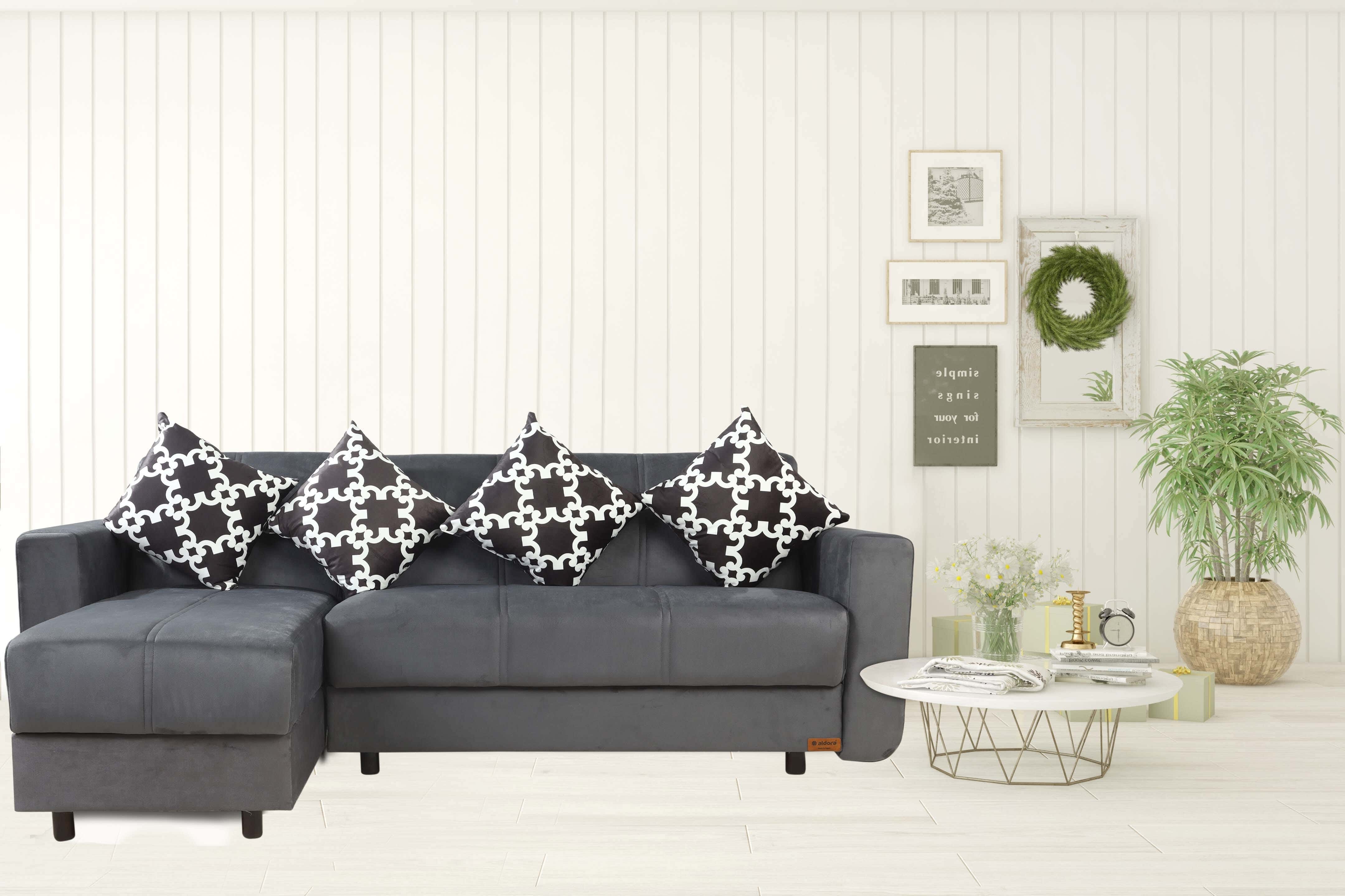 Aldora Sono L-Shape Sofa, Wood Layered Counter, Velvet Fabric,Multi-Use, 2-Seat Sofa, Chaise Longue, 4 Pillows, 220×82×76 Cm - Dark Grey