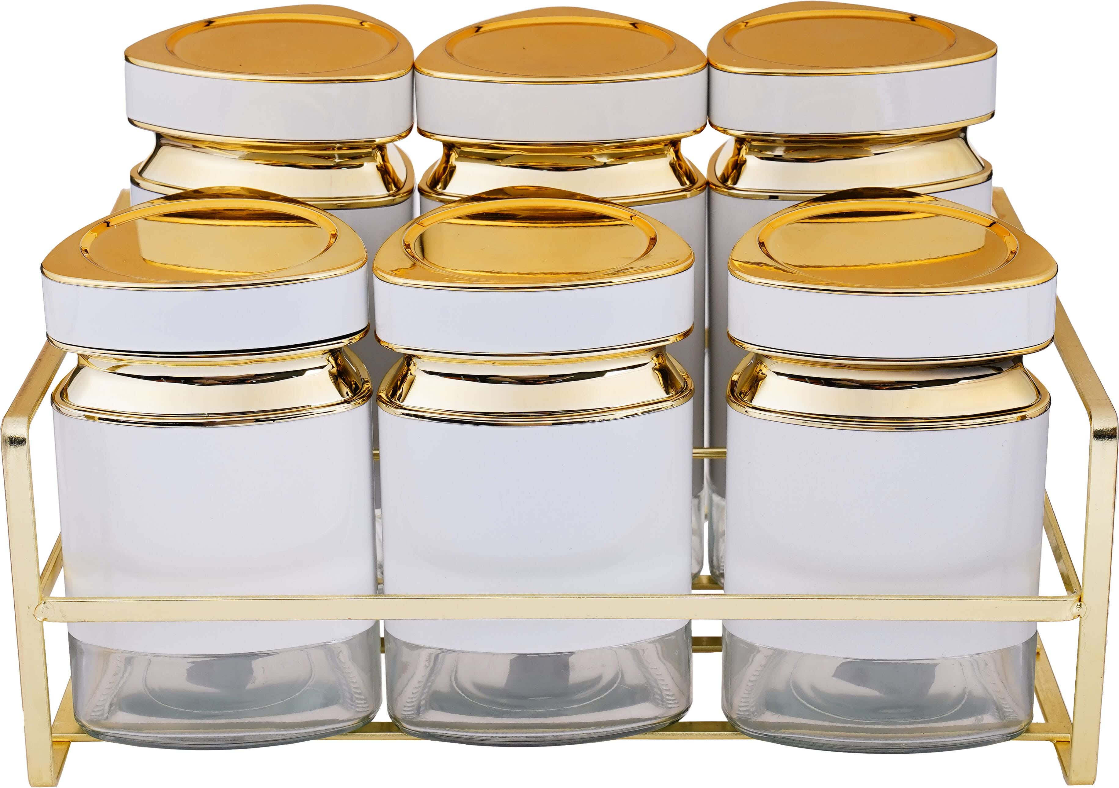 Stainless Steel Spice Set, Glass Heart, In Addition Stainless Steel Stand, 6 Pieces - White Gold