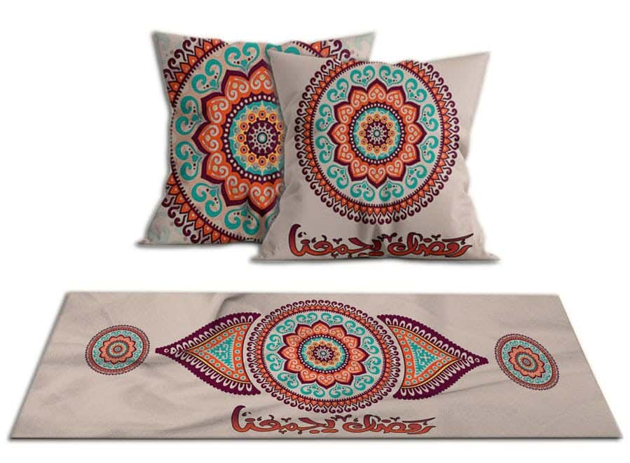 Velvet Runner Tablecloth Ramadan Pattern, With 2 Cushion Covers - Multicolor