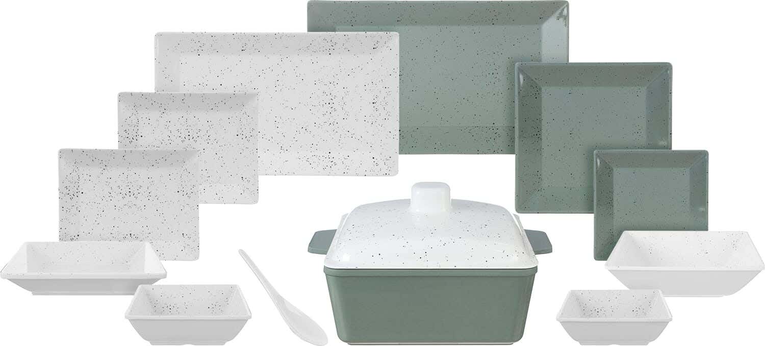 AlSherif Square Melamine Dinner Set, 38 Pieces - Olive Off White