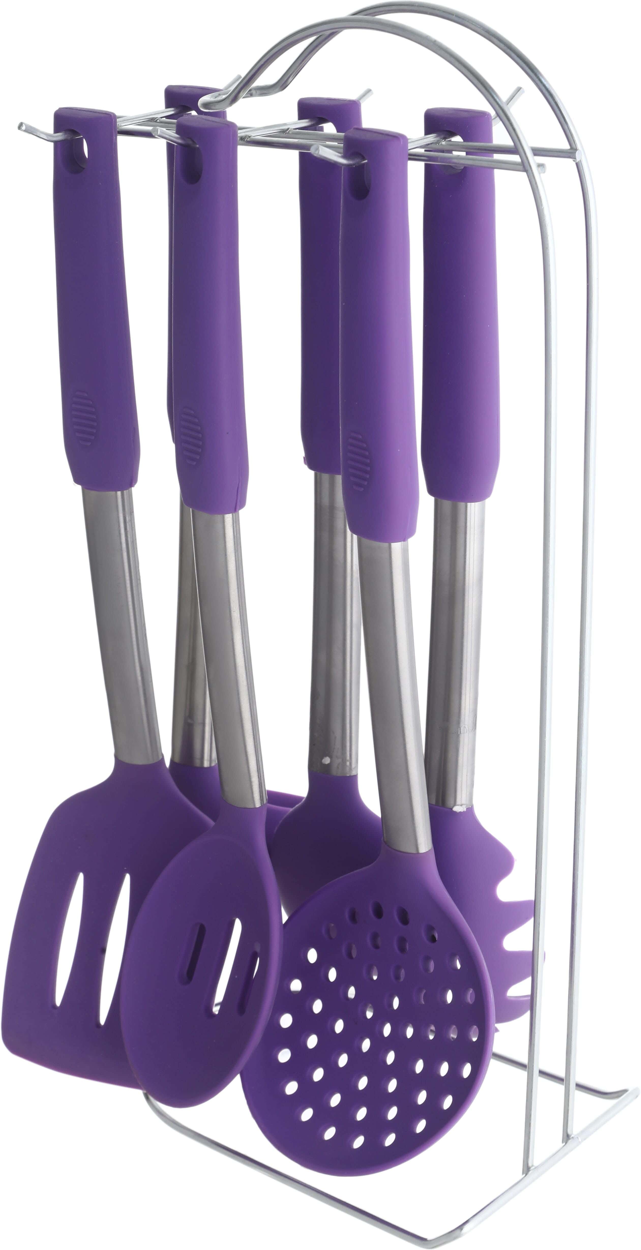 ELCHEEF Silicone Spatula Set, 6 Pieces, with Stainless Steel Handle, with Stand - Purple Silver